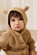 Cardigan en coton douillet marron fauve avec capuche, oreilles et poches avant