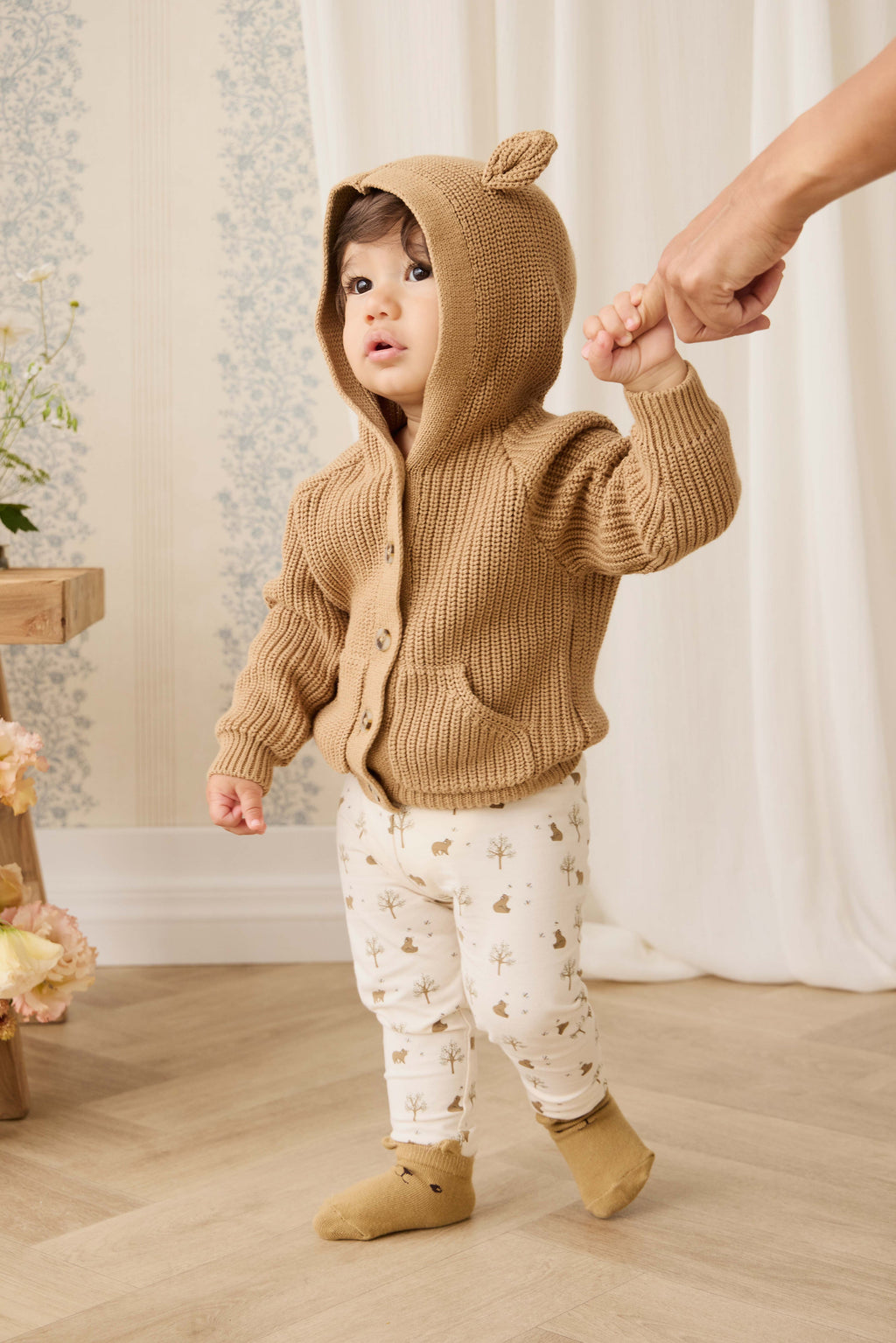 Cardigan en coton douillet marron fauve avec capuche, oreilles et poches avant