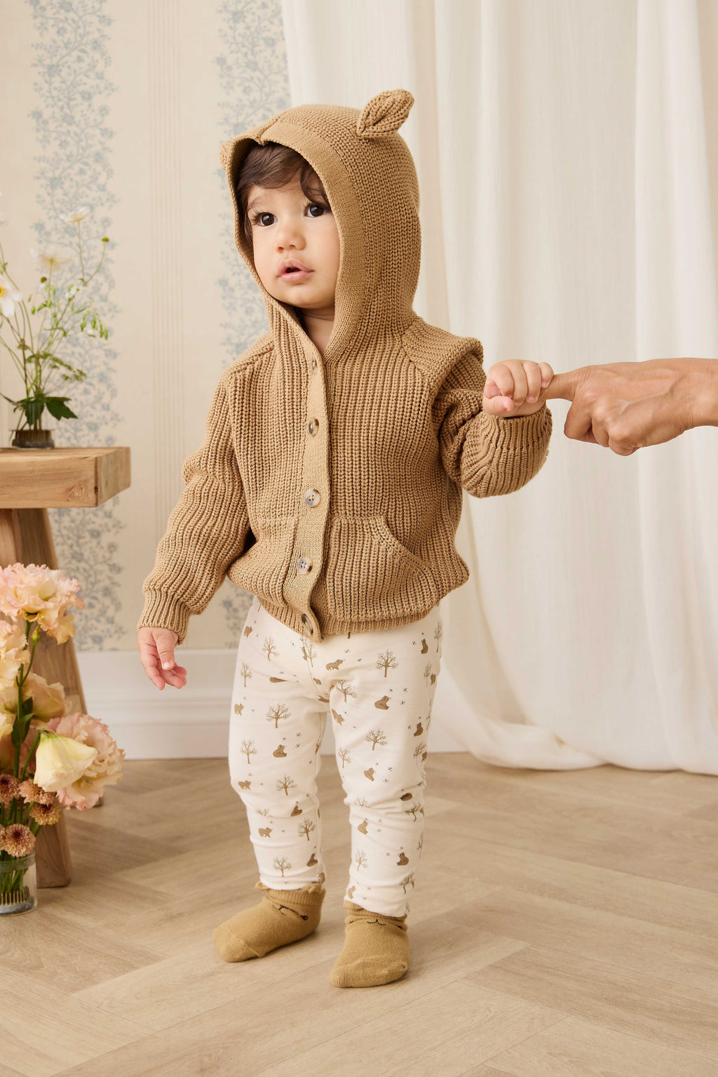 Cardigan en coton douillet marron fauve avec capuche, oreilles et poches avant