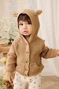 Cardigan en coton douillet marron fauve avec capuche, oreilles et poches avant
