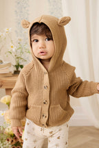 Cardigan en coton douillet marron fauve avec capuche, oreilles et poches avant