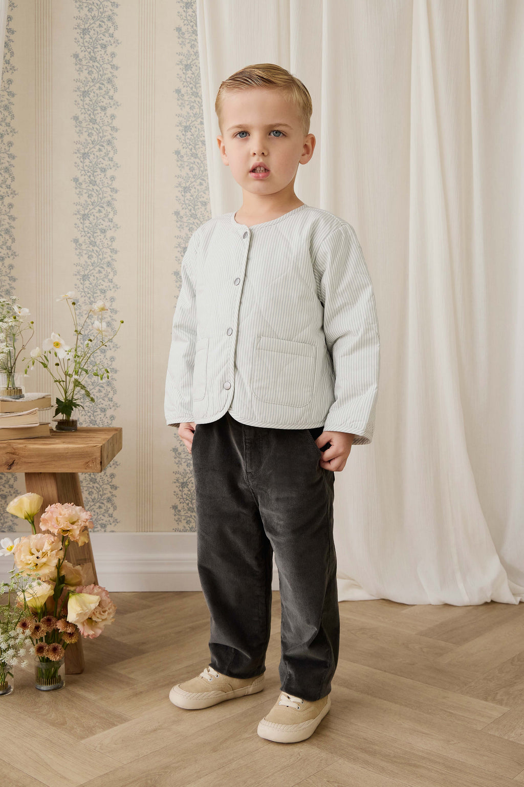 Pantalon Classique en Coton Basalte avec Taille Élastiquée et Poches Avant