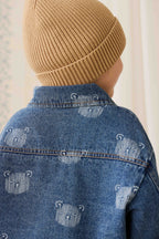 Blouson en jean bleu espiègle avec imprimé tête d'ours en peluche et col.