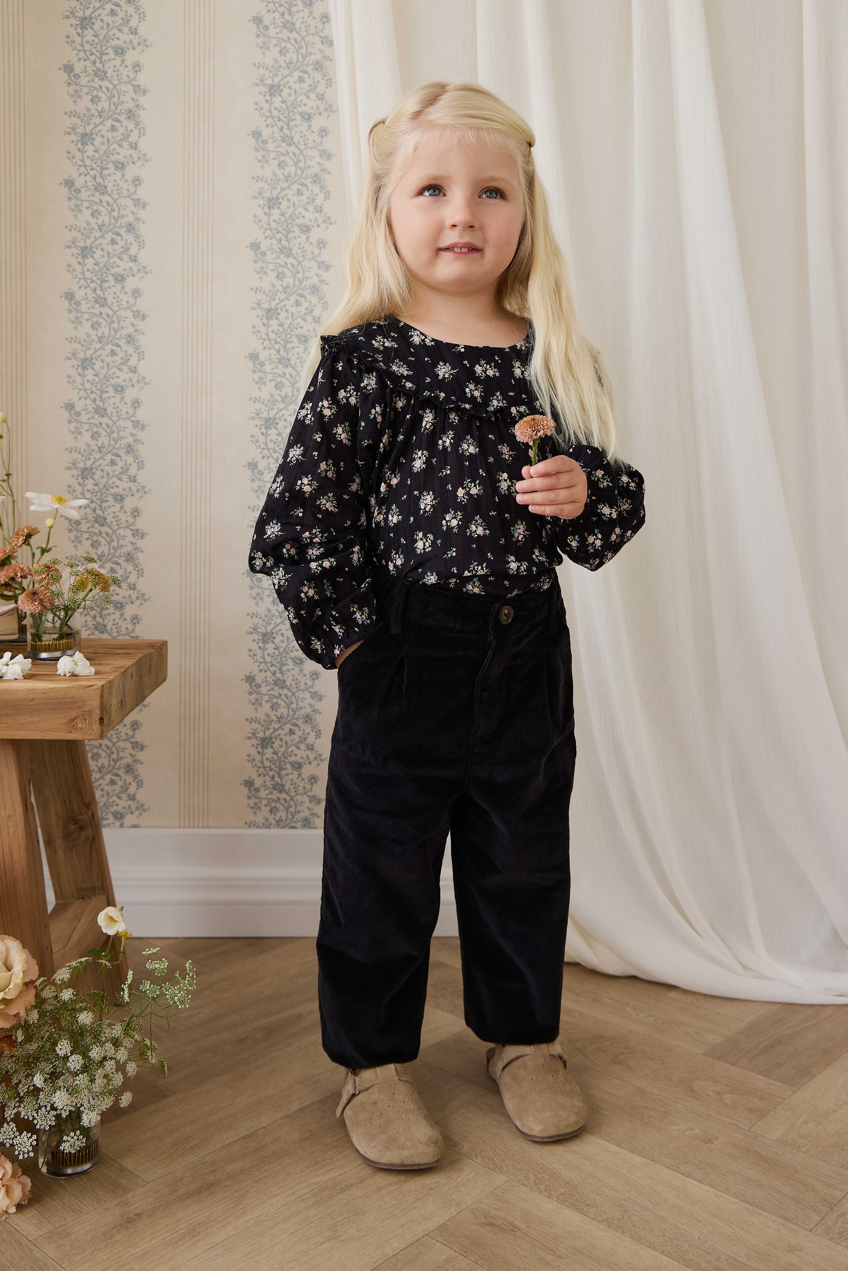 Pantalon Classique en Coton Sésame Noir avec Taille Élastiquée et Jambes Droites