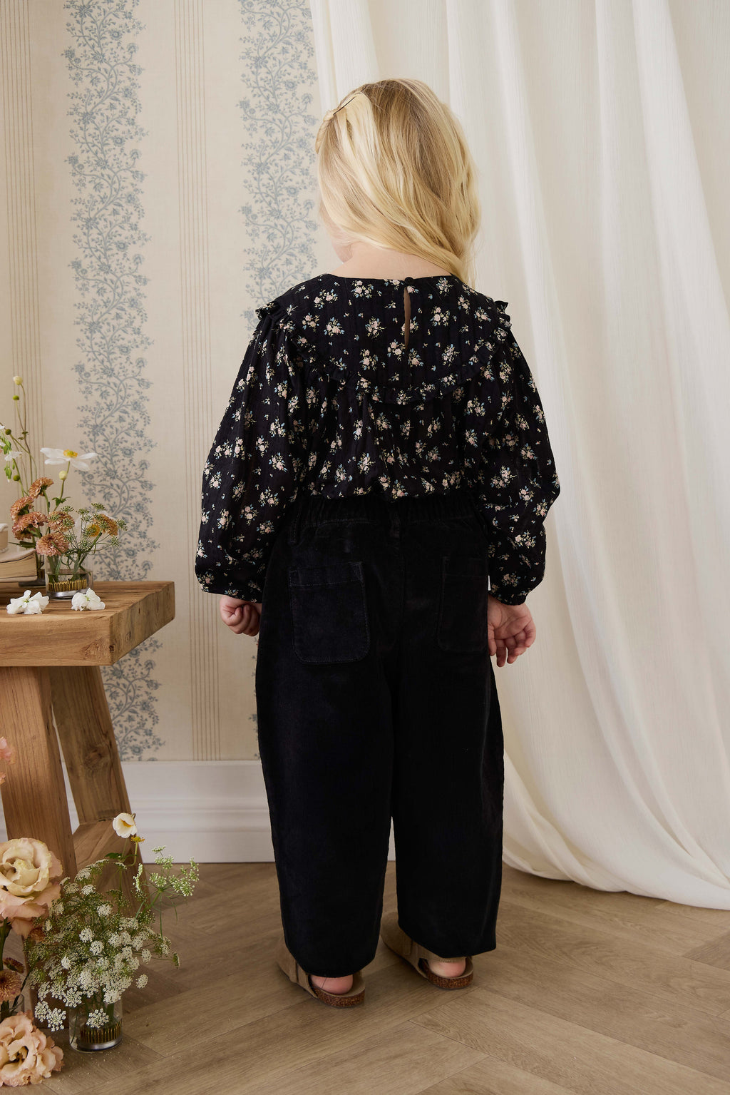 Pantalon Classique en Coton Sésame Noir avec Taille Élastiquée et Jambes Droites