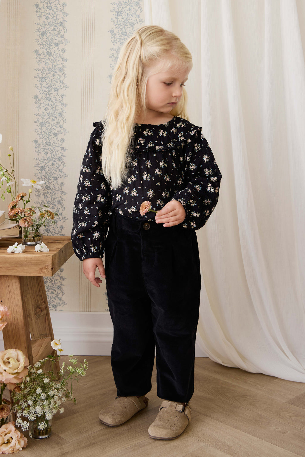 Pantalon Classique en Coton Sésame Noir avec Taille Élastiquée et Jambes Droites