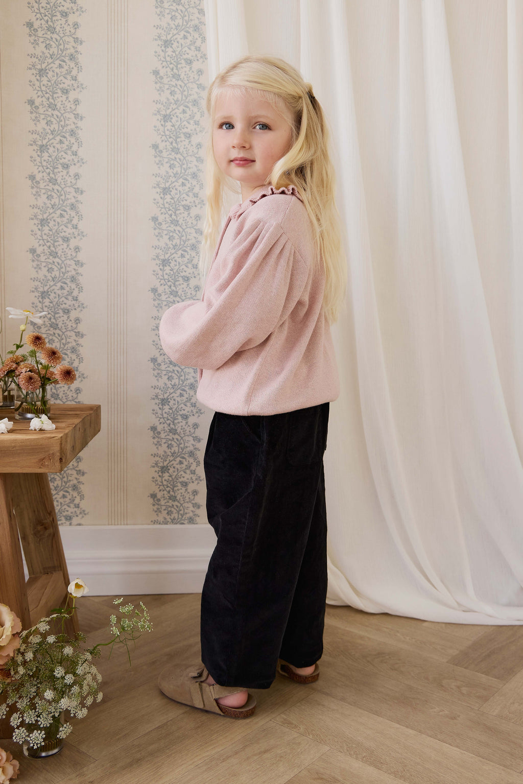 Pantalon Classique en Coton Sésame Noir avec Taille Élastiquée et Jambes Droites