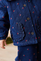 Veste en jean vintage à imprimé cerises avec col à volants et poches plaquées