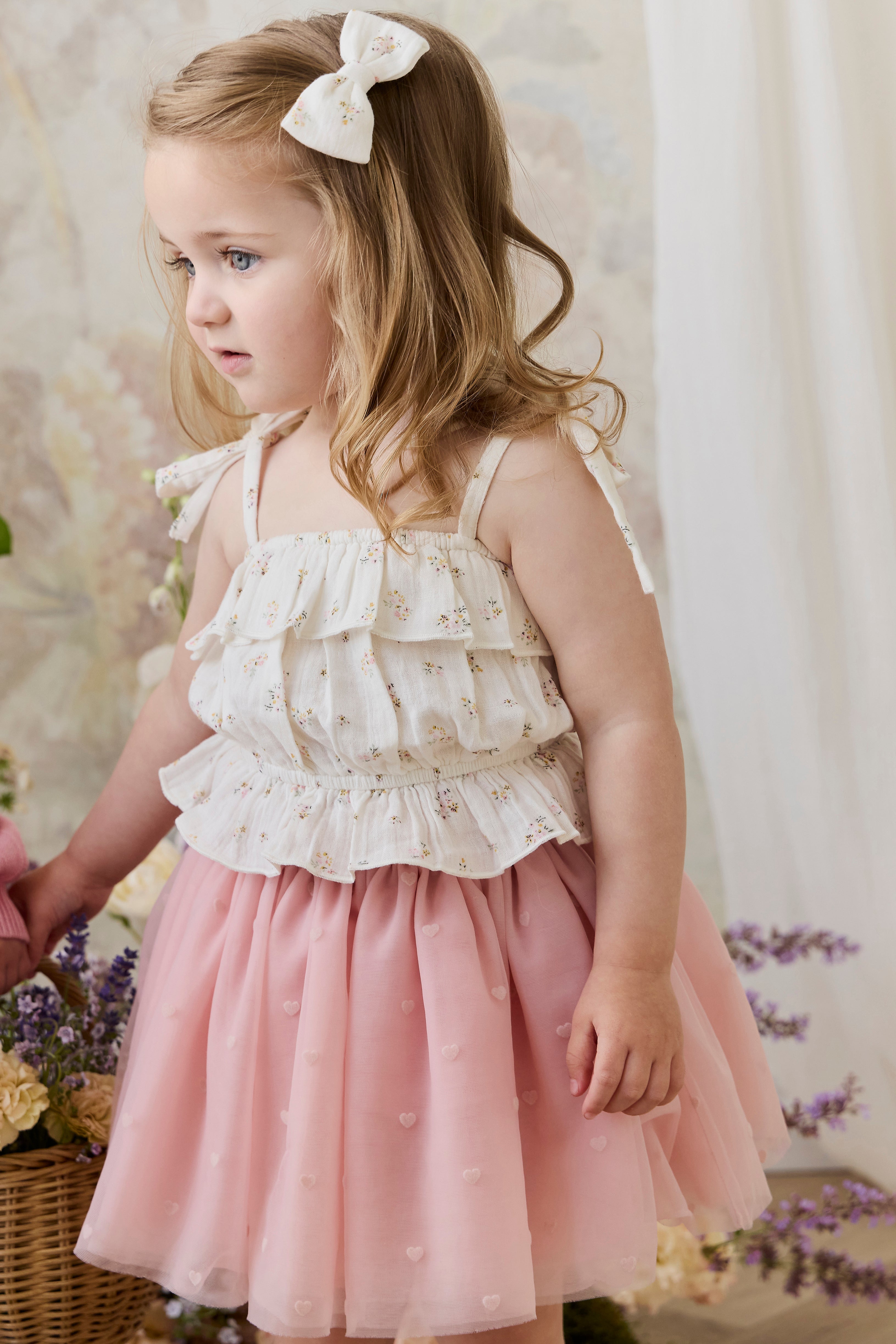 Jupe romantique rose œillet en polyamide avec motifs cœurs et taille élastique