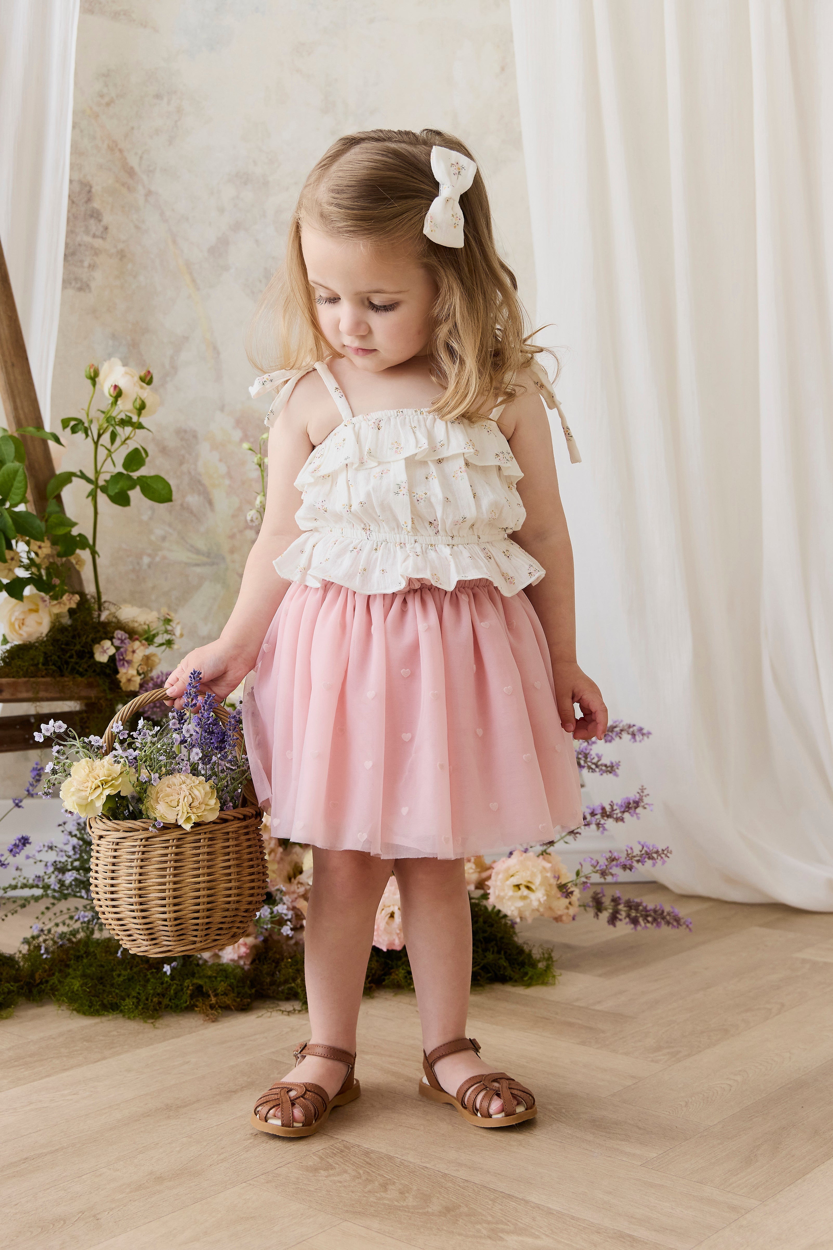 Jupe romantique rose œillet en polyamide avec motifs cœurs et taille élastique