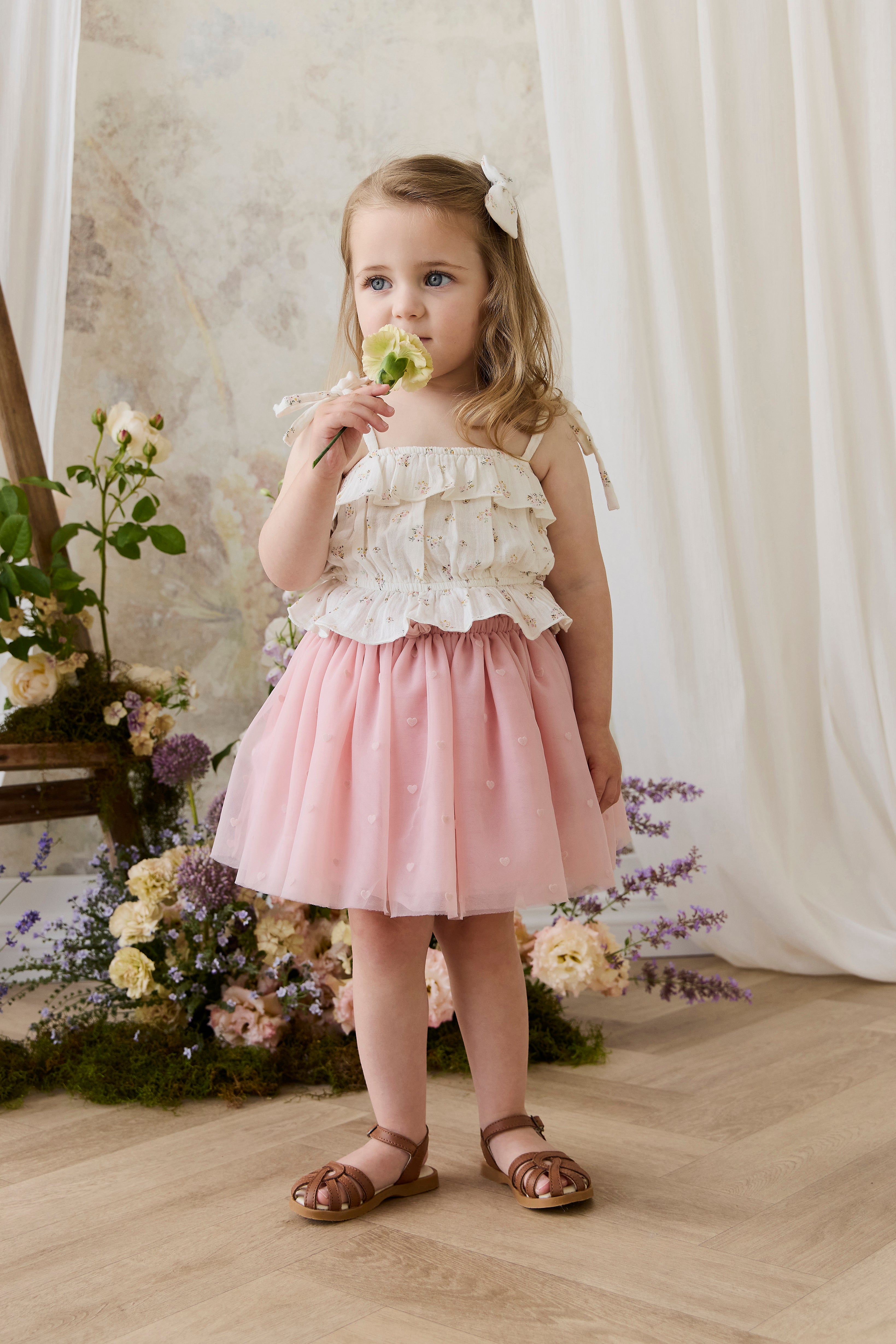 Jupe romantique rose œillet en polyamide avec motifs cœurs et taille élastique