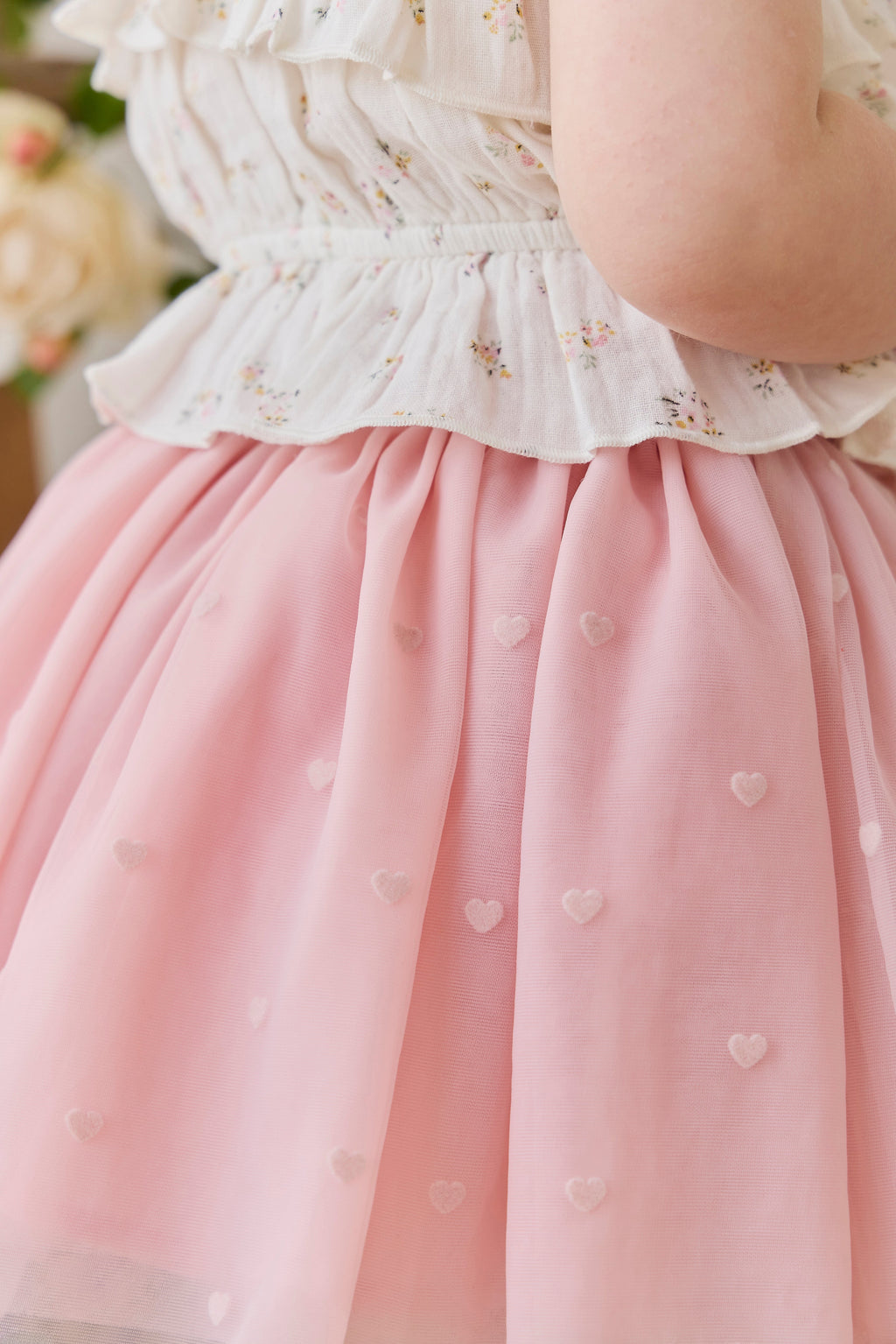 Jupe romantique rose œillet en polyamide avec motifs cœurs et taille élastique