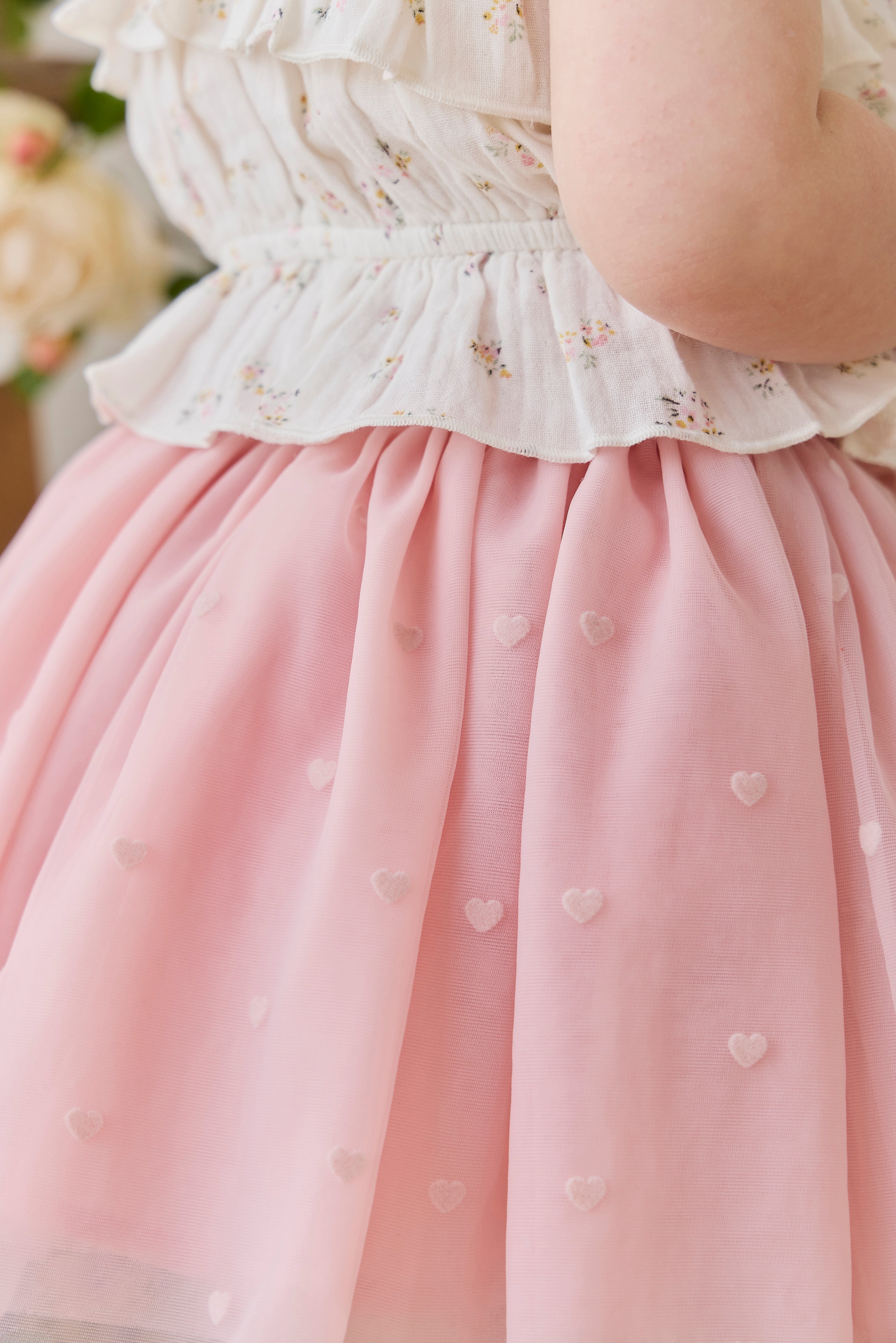 Jupe romantique rose œillet en polyamide avec motifs cœurs et taille élastique