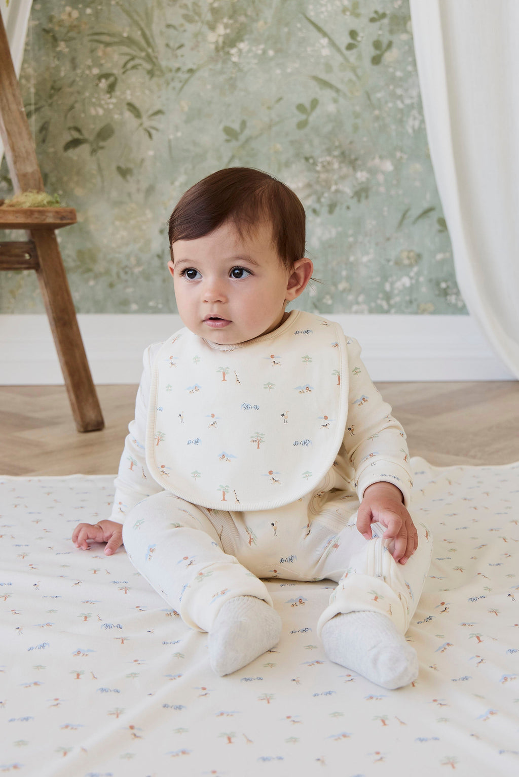 Playful Animal Print Organic Cotton Bib with Towel Backing & Dome Buttons