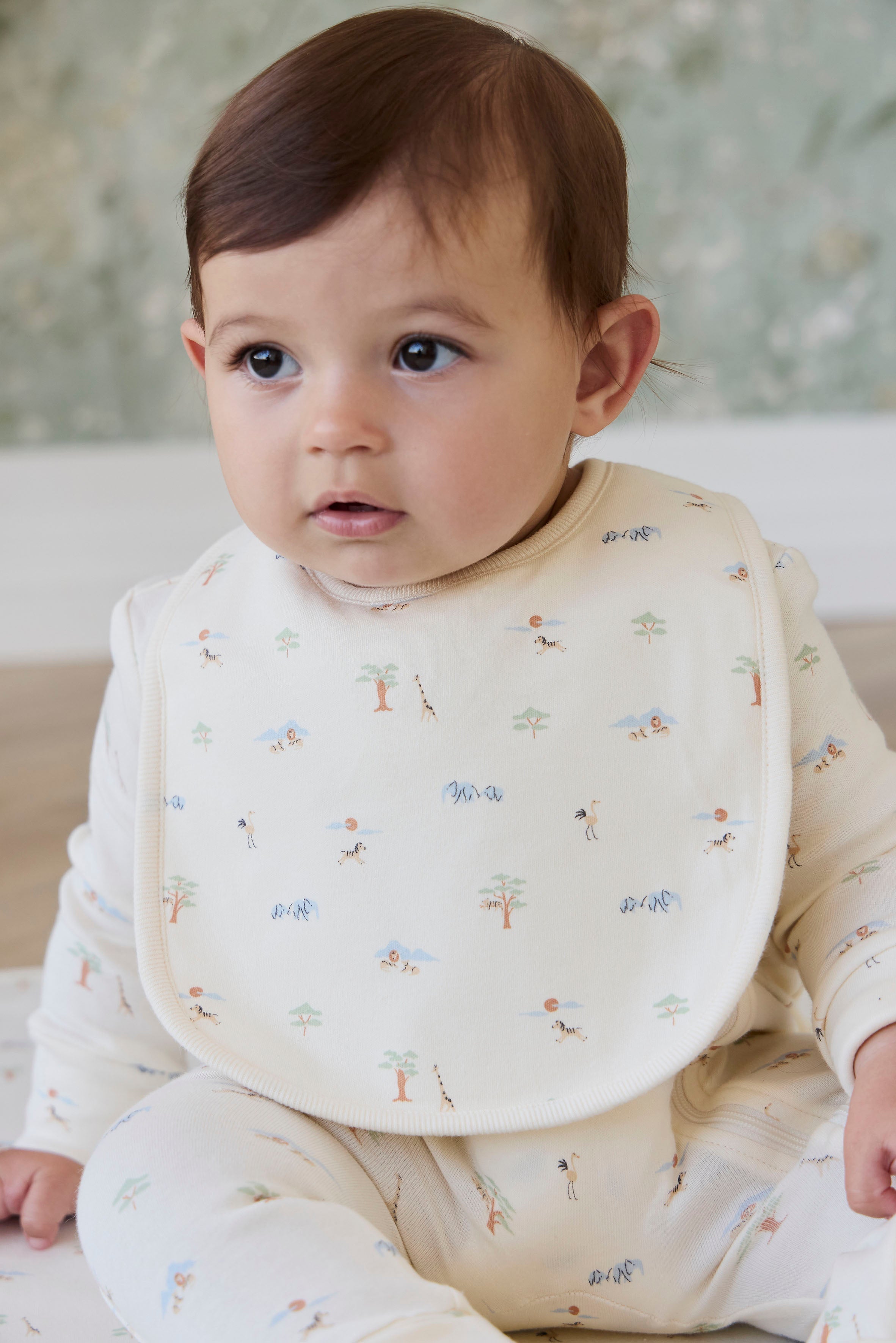 Playful Animal Print Organic Cotton Bib with Towel Backing & Dome Buttons