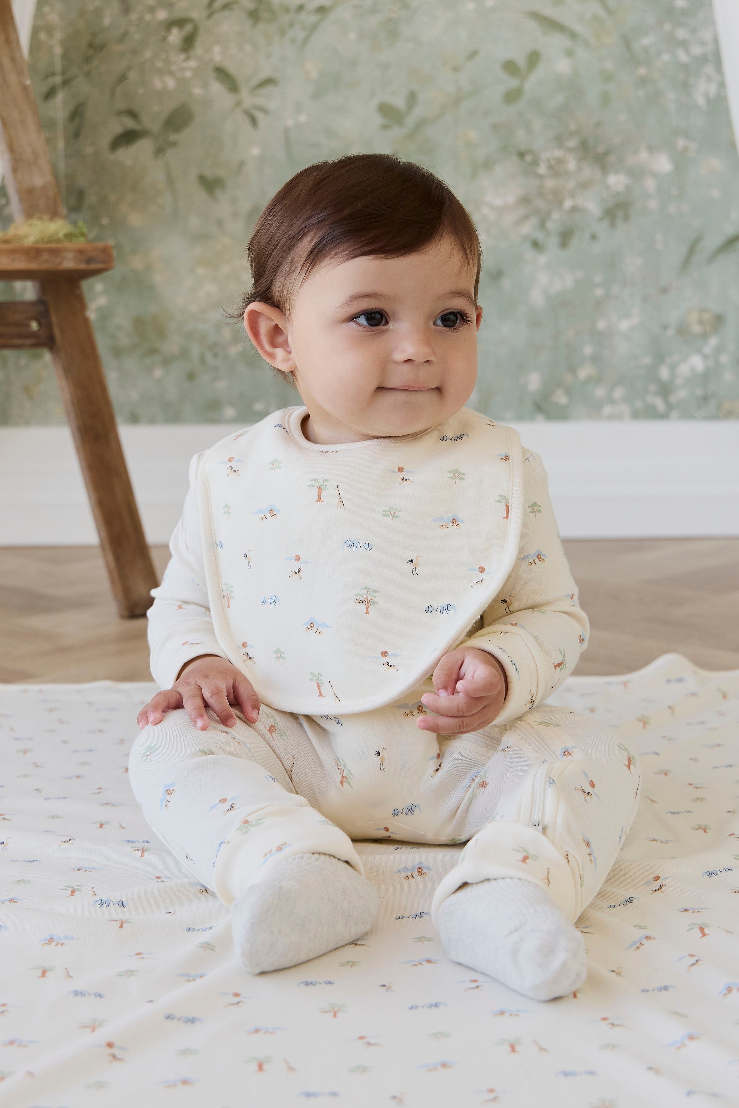 Playful Animal Print Organic Cotton Bib with Towel Backing & Dome Buttons