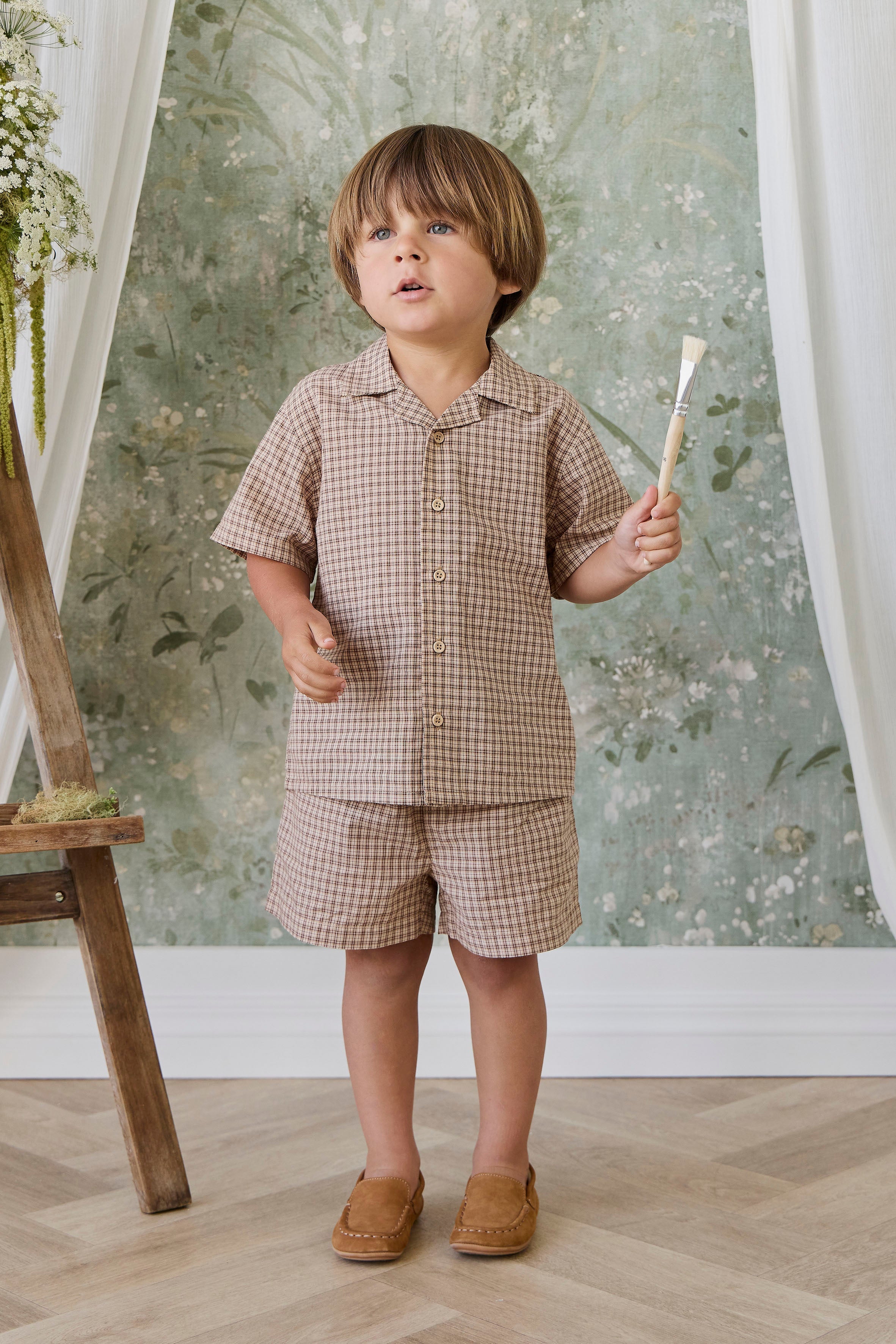 Short en Coton Classique à Carreaux Cacao avec Lien Décoratif à la Taille et Coupe Décontractée