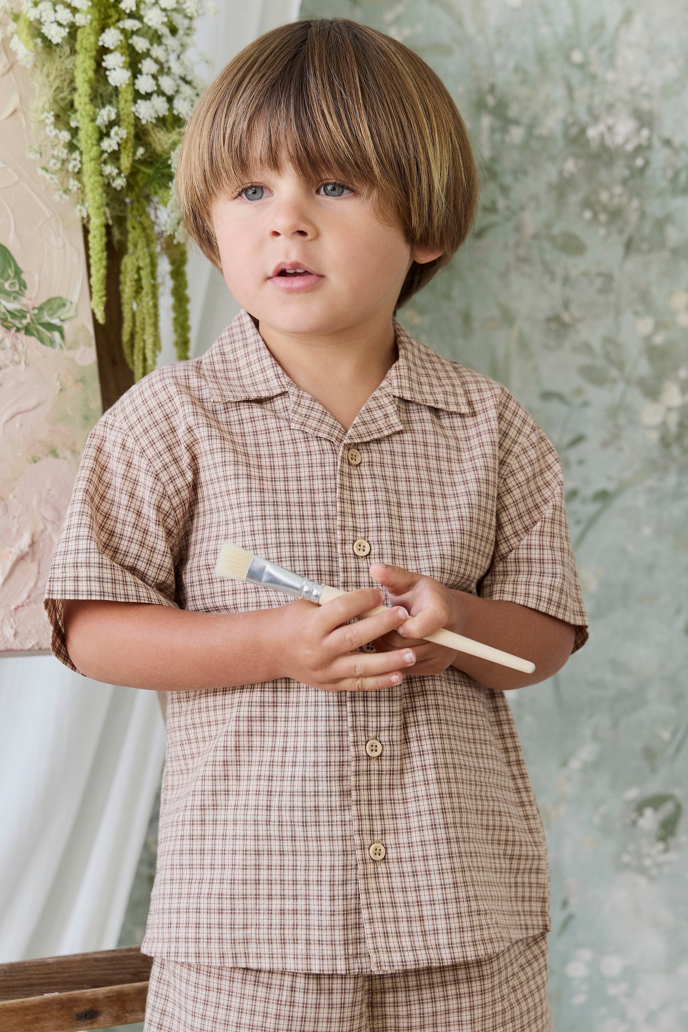 Chemise classique en coton biologique Cocoa Check à manches courtes et boutons en bois