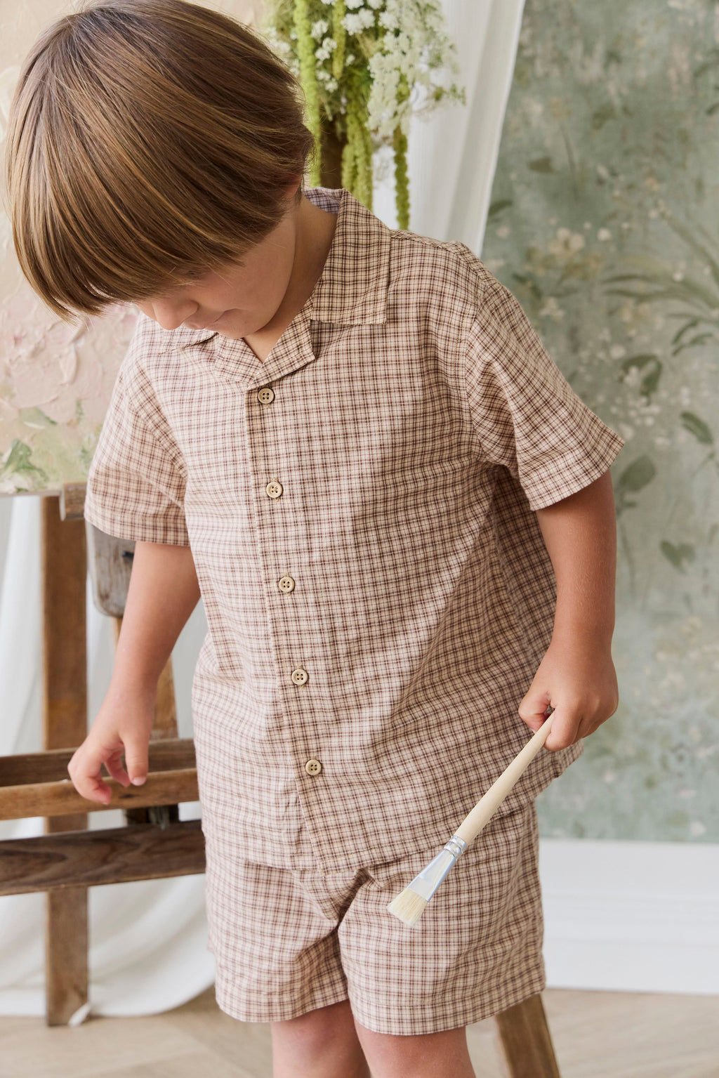 Short en Coton Classique à Carreaux Cacao avec Lien Décoratif à la Taille et Coupe Décontractée