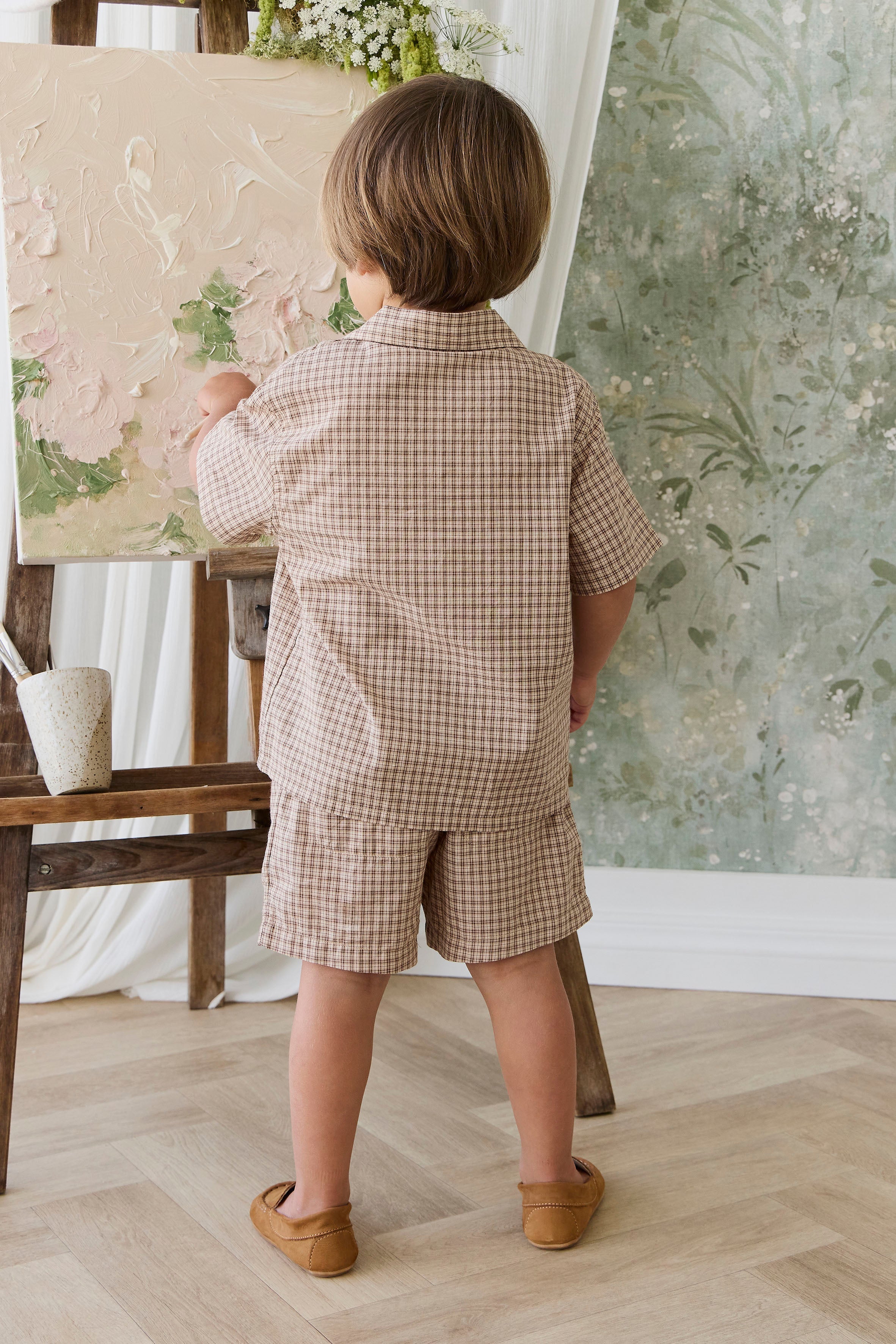 Short en Coton Classique à Carreaux Cacao avec Lien Décoratif à la Taille et Coupe Décontractée