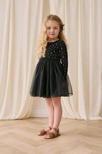 Robe élégante en tulle de coton et polyester ébène à motif floral, avec manches longues et jupe plissée