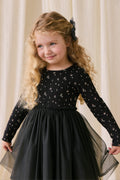 Robe élégante en tulle de coton et polyester ébène à motif floral, avec manches longues et jupe plissée