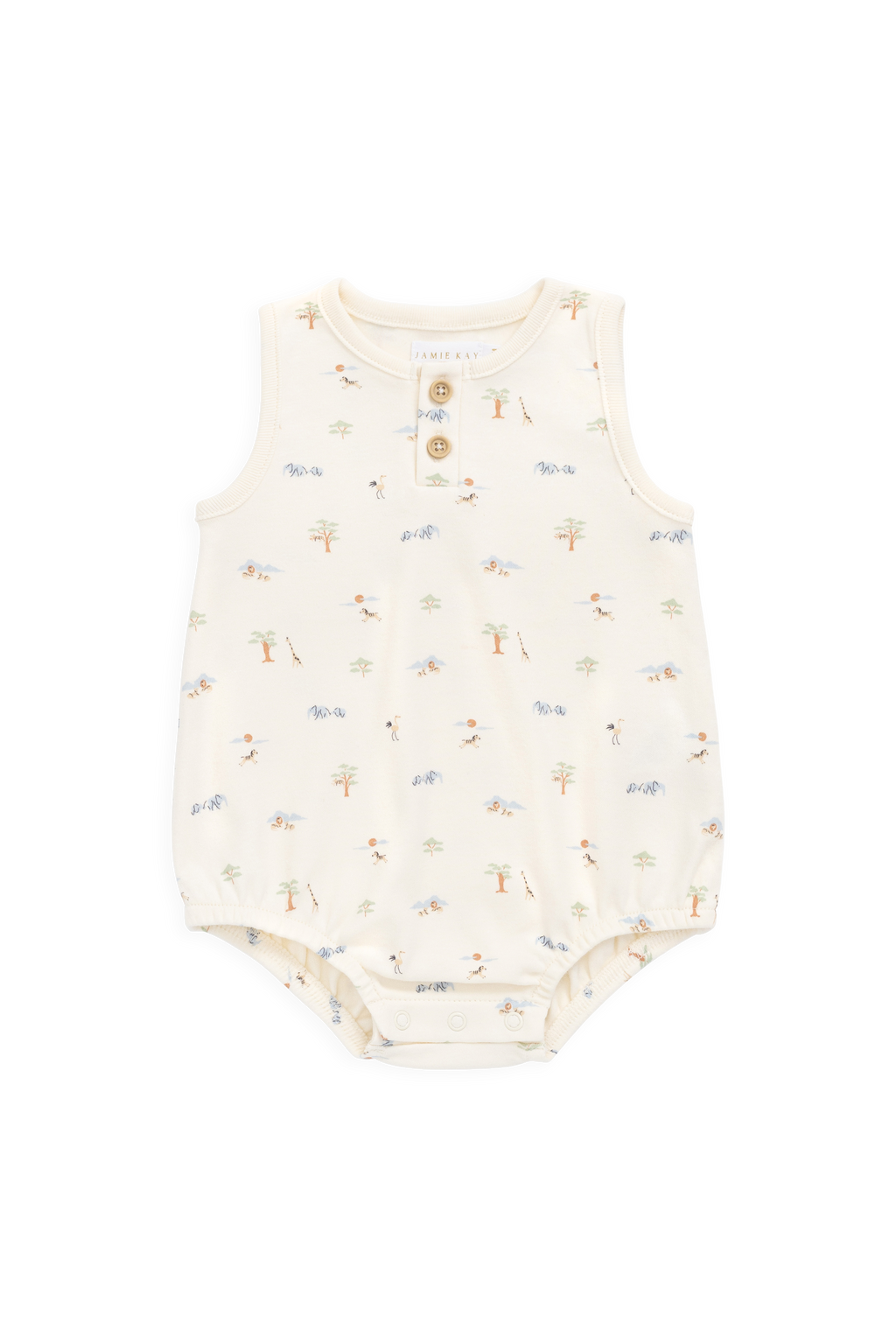 Barboteuse en coton biologique à imprimé animal ludique avec boutons en noix de coco et jambes élastiquées