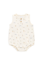 Barboteuse en coton biologique à imprimé animal ludique avec boutons en noix de coco et jambes élastiquées