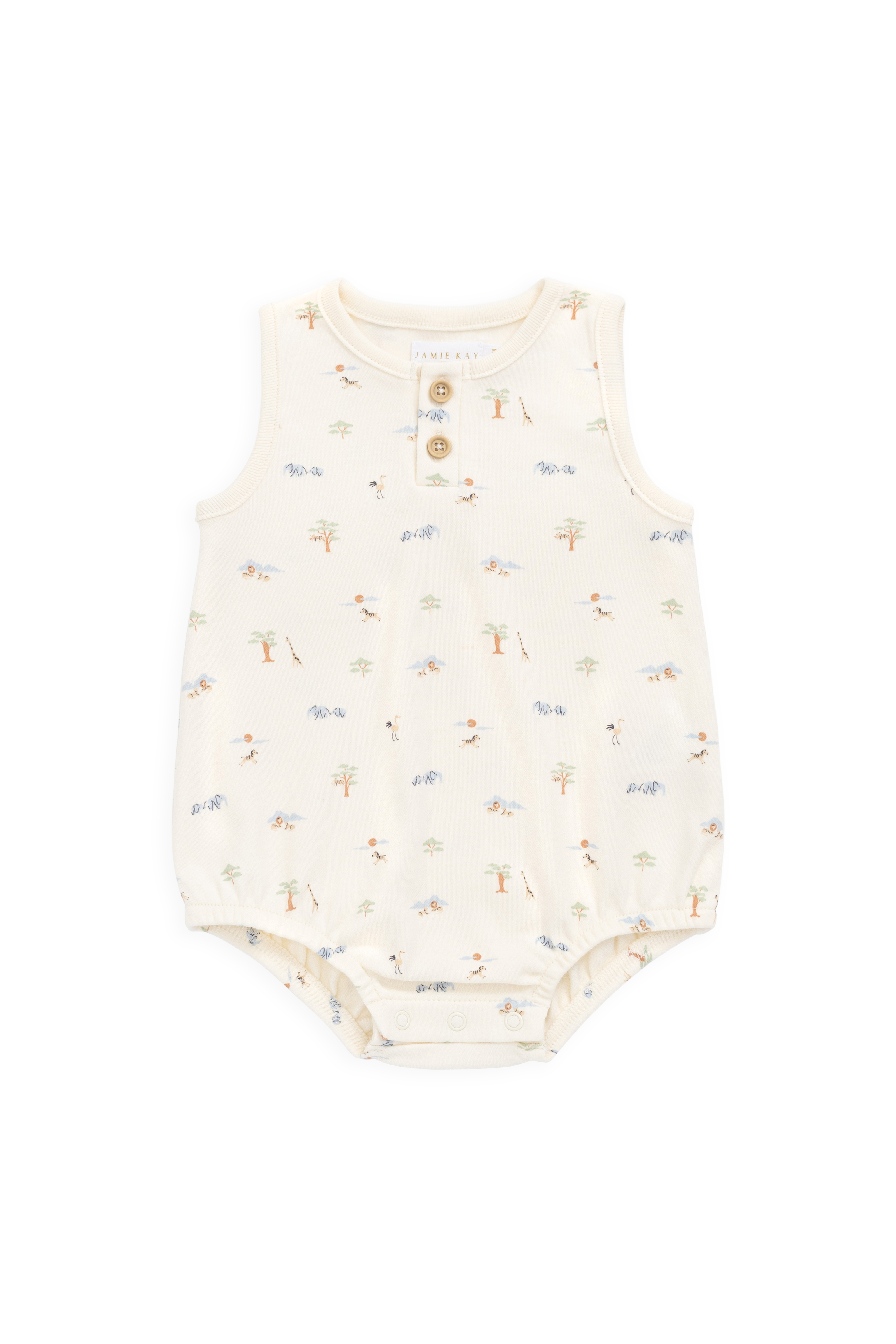 Barboteuse en coton biologique à imprimé animal ludique avec boutons en noix de coco et jambes élastiquées