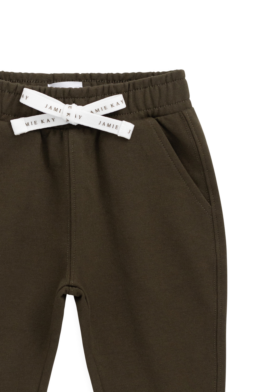 Pantalon de jogging classique en coton biologique vert olive foncé avec poignets et poches avant côtelés