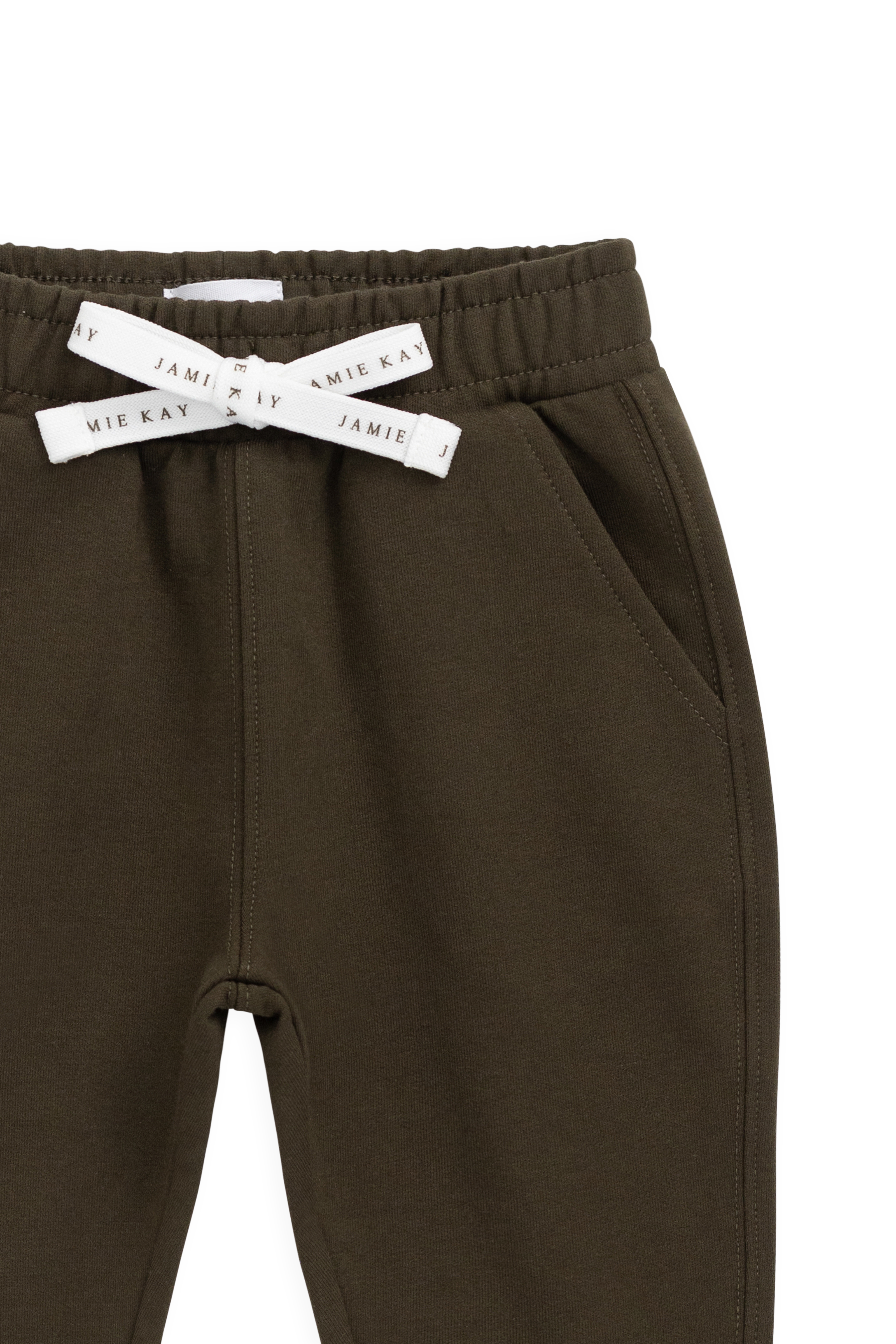 Pantalon de jogging classique en coton biologique vert olive foncé avec poignets et poches avant côtelés