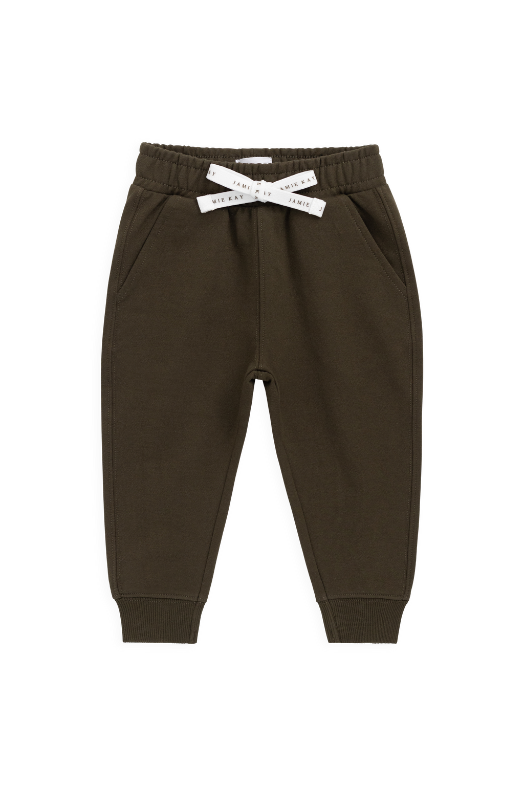 Pantalon de jogging classique en coton biologique vert olive foncé avec poignets et poches avant côtelés