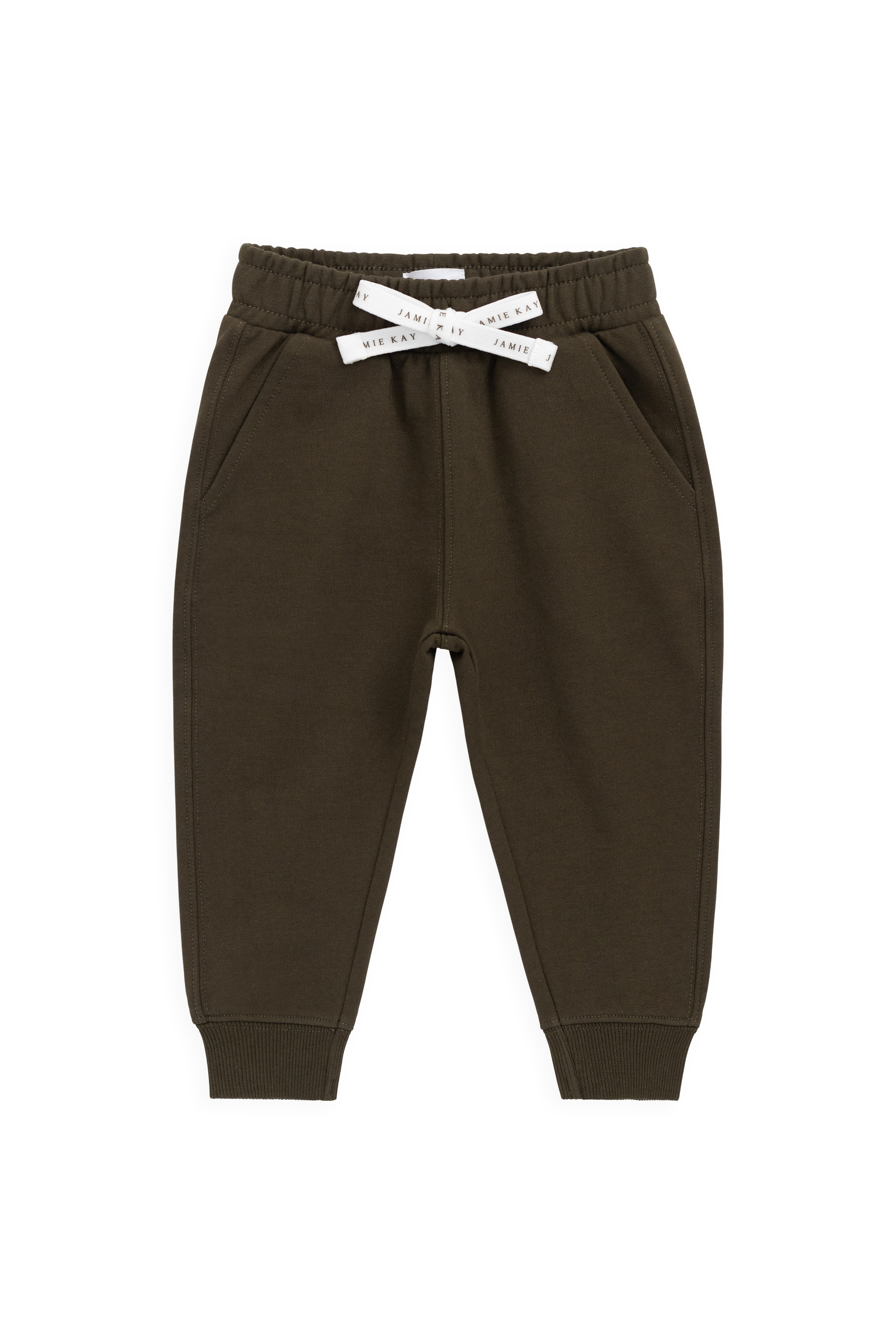 Pantalon de jogging classique en coton biologique vert olive foncé avec poignets et poches avant côtelés