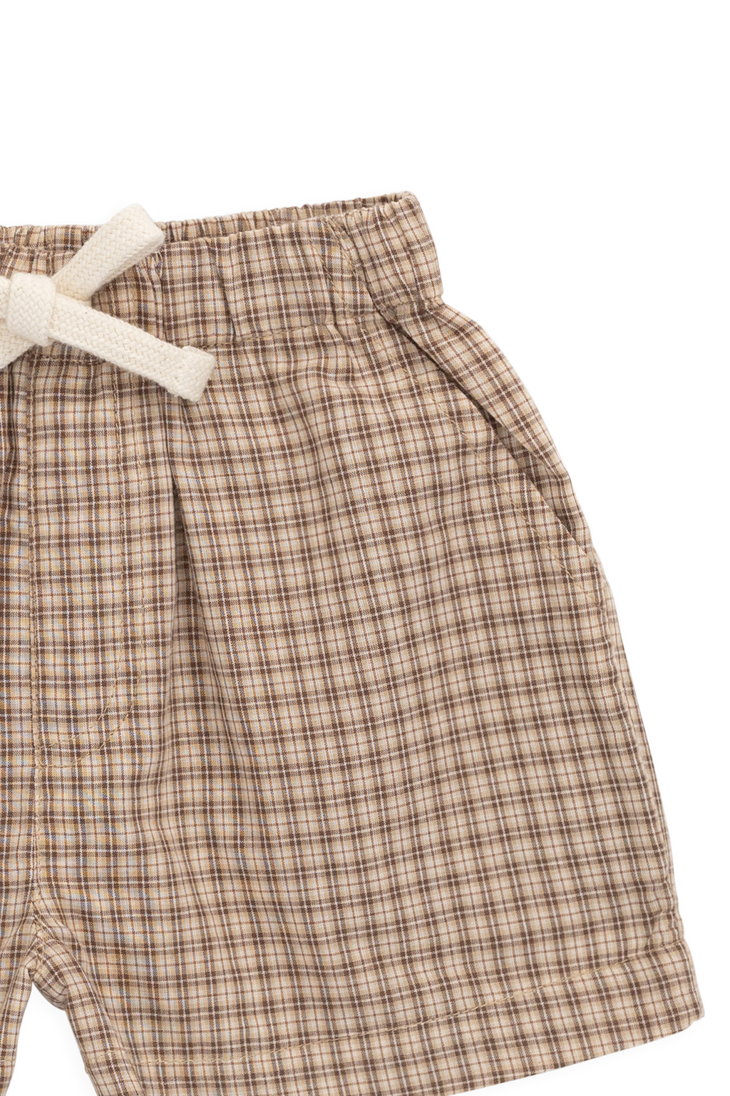 Short en Coton Classique à Carreaux Cacao avec Lien Décoratif à la Taille et Coupe Décontractée