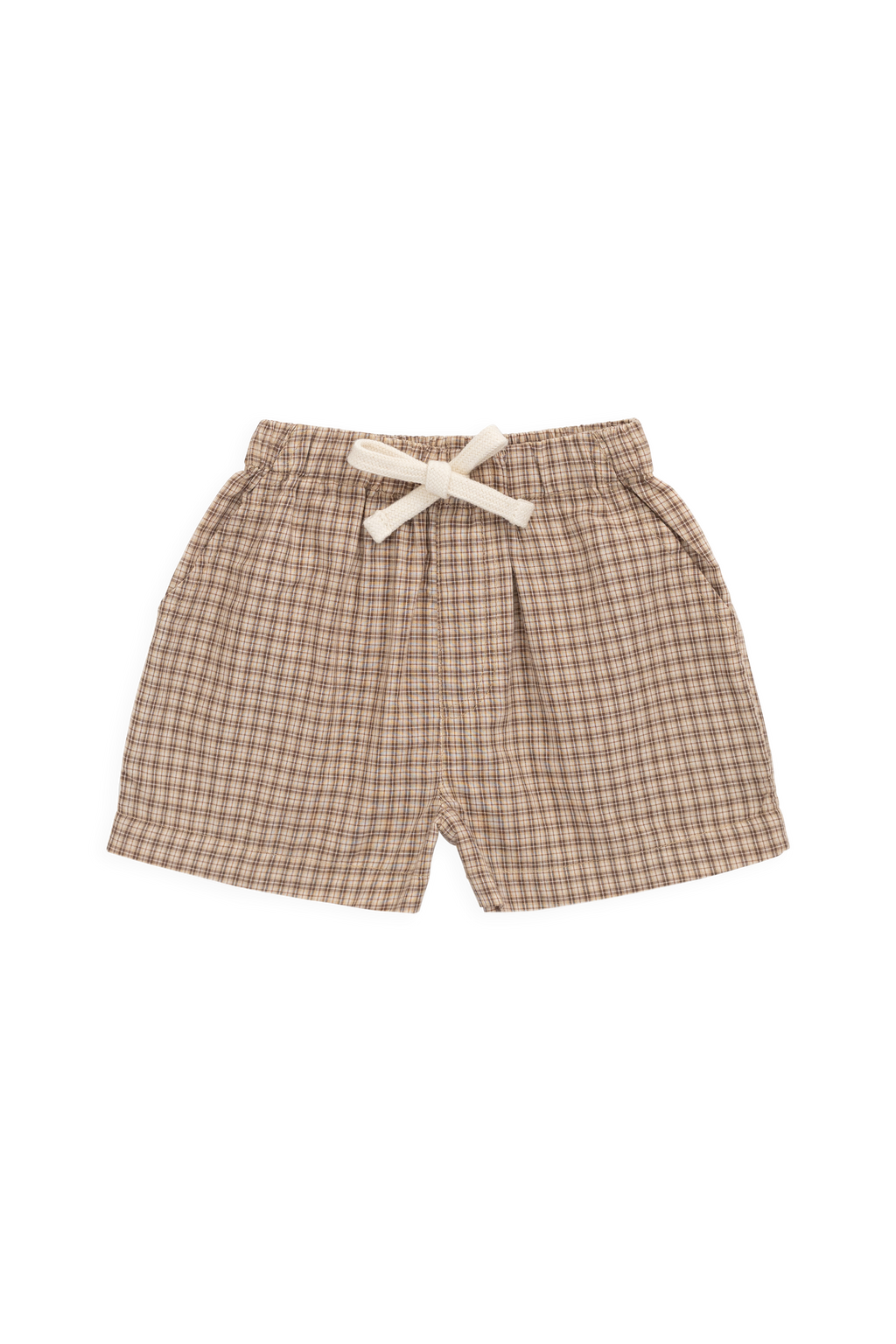 Short en Coton Classique à Carreaux Cacao avec Lien Décoratif à la Taille et Coupe Décontractée