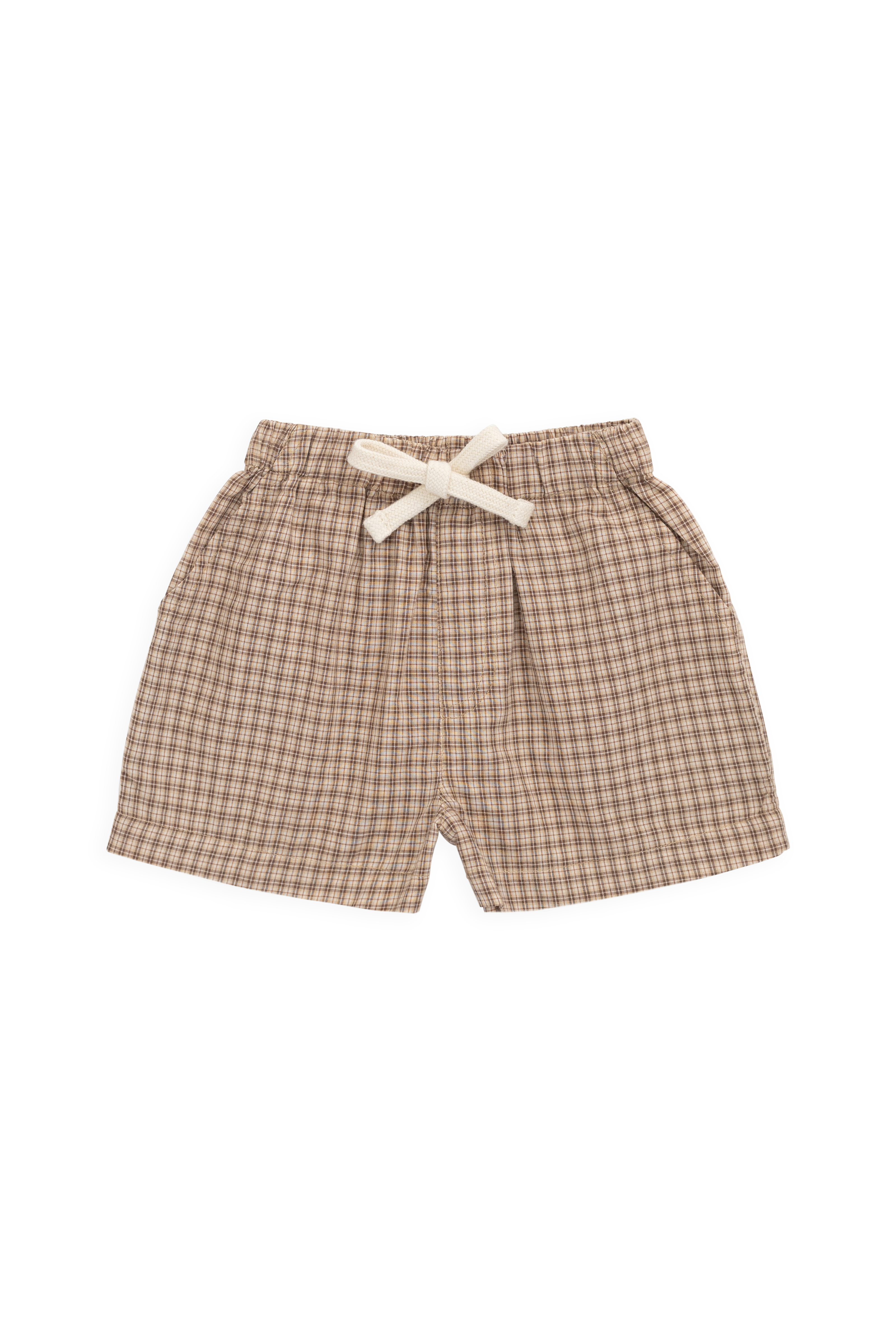 Short en Coton Classique à Carreaux Cacao avec Lien Décoratif à la Taille et Coupe Décontractée