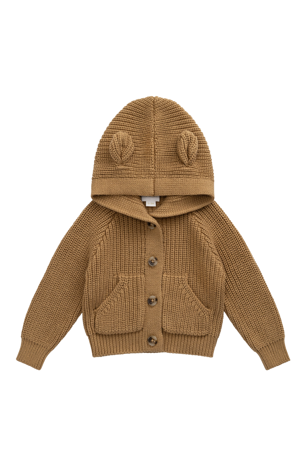Cardigan en coton douillet marron fauve avec capuche, oreilles et poches avant