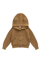 Cardigan en coton douillet marron fauve avec capuche, oreilles et poches avant