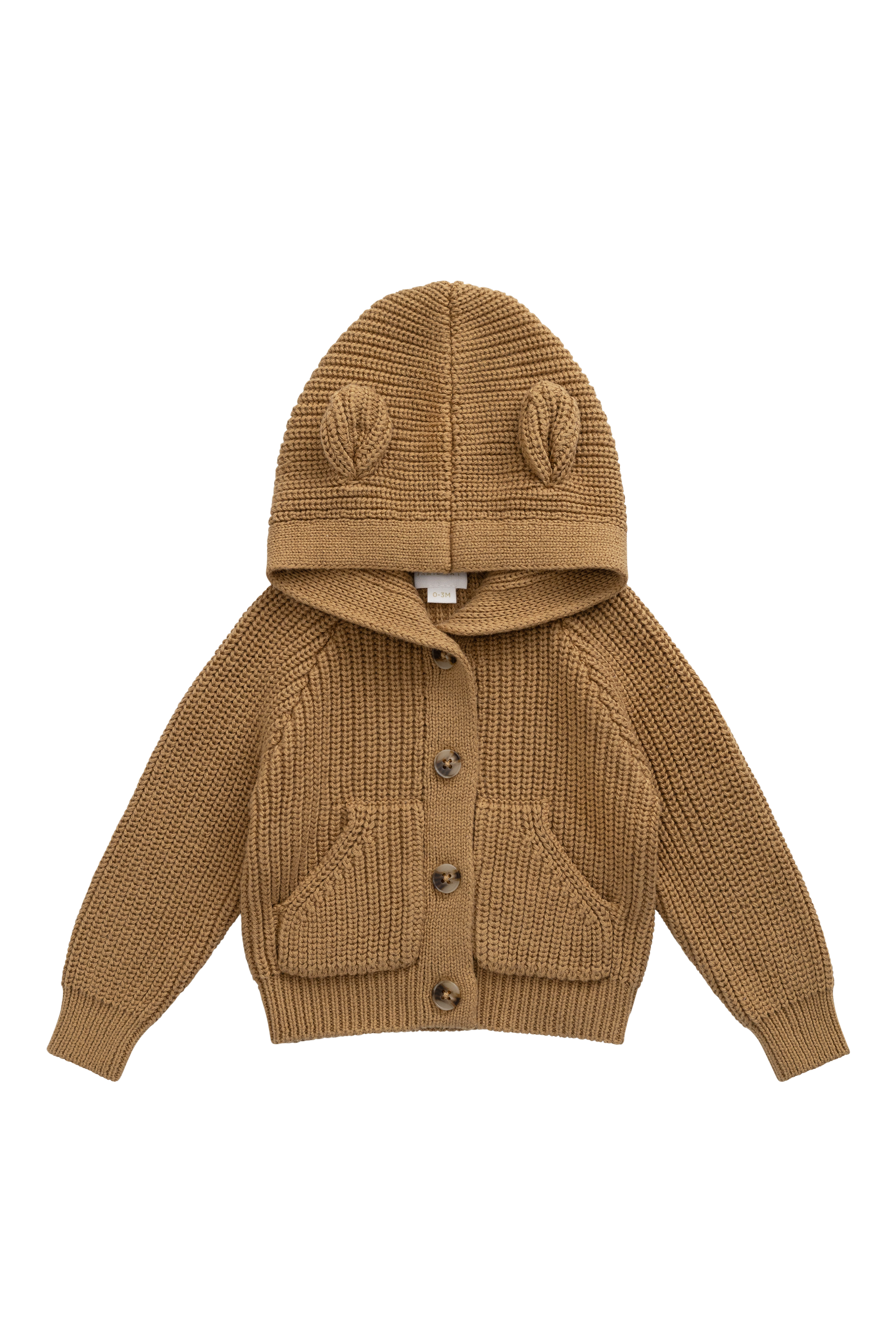 Cardigan en coton douillet marron fauve avec capuche, oreilles et poches avant