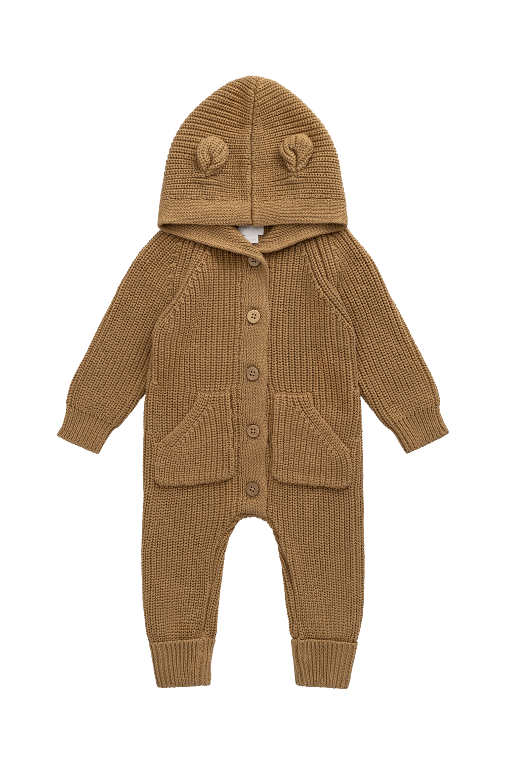 Grenouillère en tricot de coton douillet marron fauve avec capuche, oreilles et boutons sur le devant