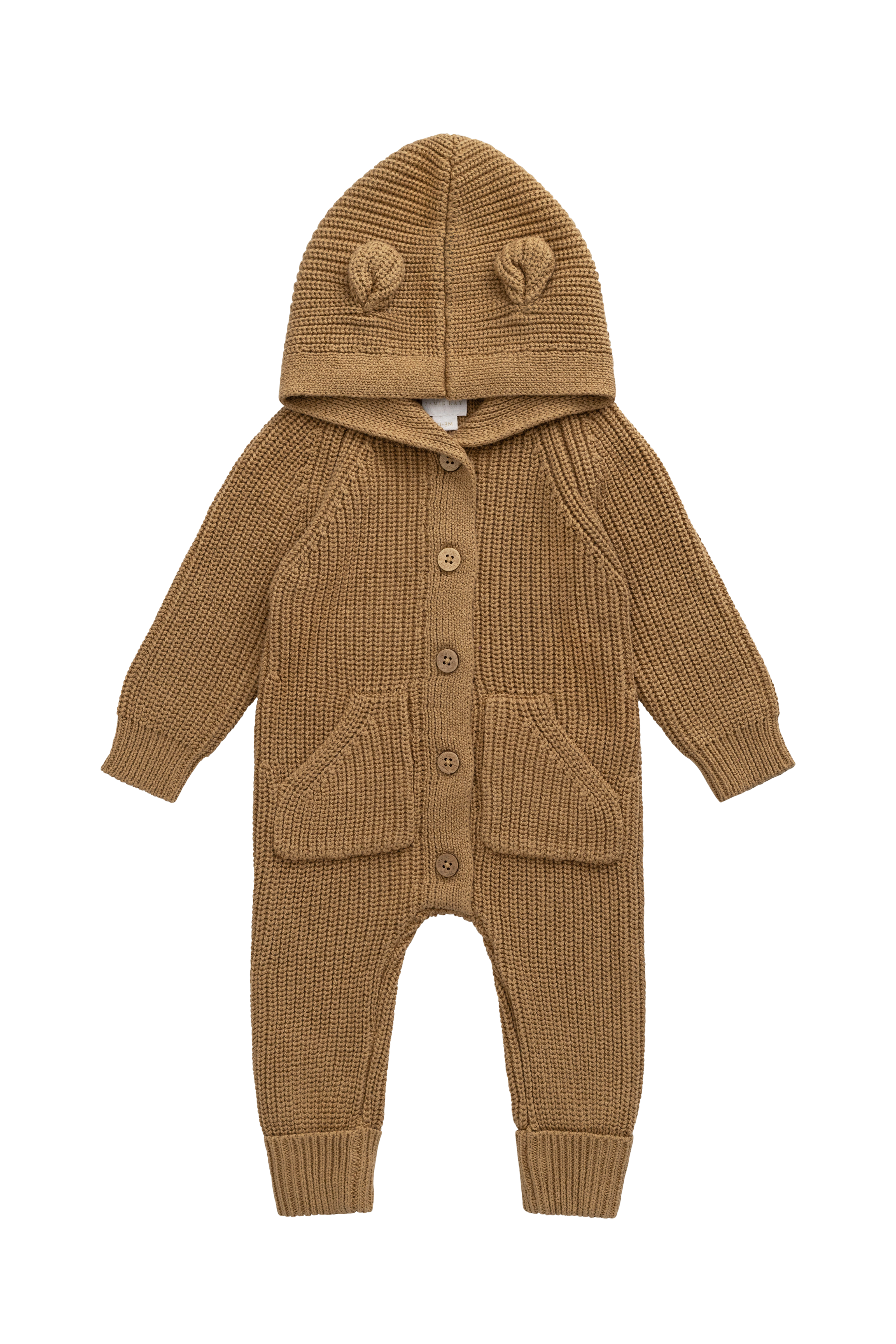 Grenouillère en tricot de coton douillet marron fauve avec capuche, oreilles et boutons sur le devant