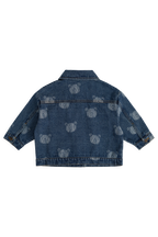 Blouson en jean bleu espiègle avec imprimé tête d'ours en peluche et col.