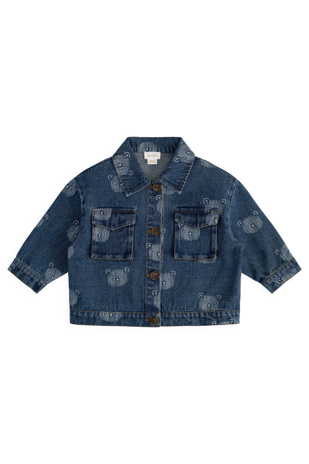Blouson en jean bleu espiègle avec imprimé tête d'ours en peluche et col.