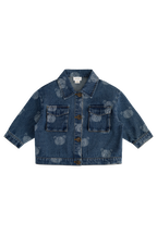 Blouson en jean bleu espiègle avec imprimé tête d'ours en peluche et col.
