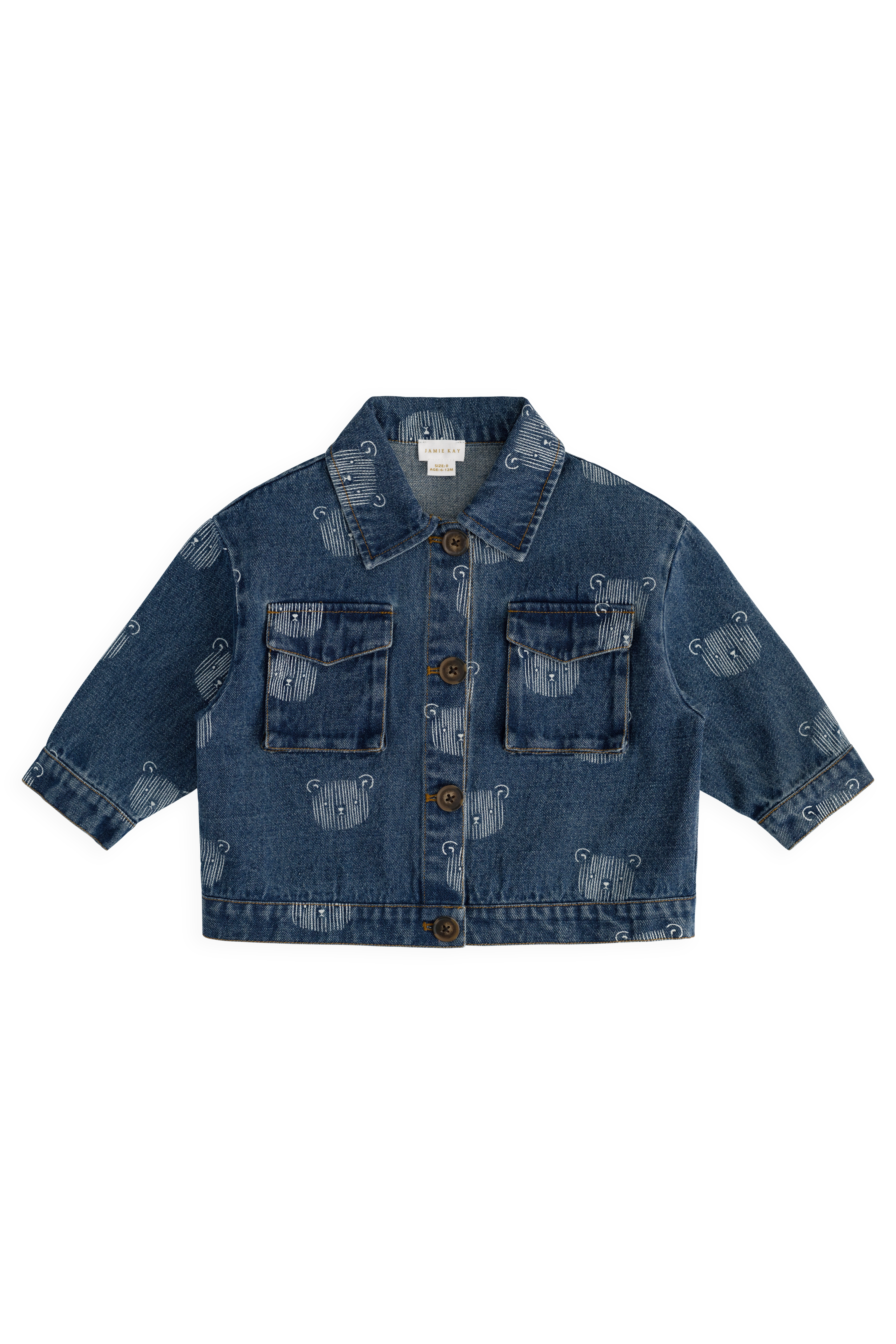 Blouson en jean bleu espiègle avec imprimé tête d'ours en peluche et col.