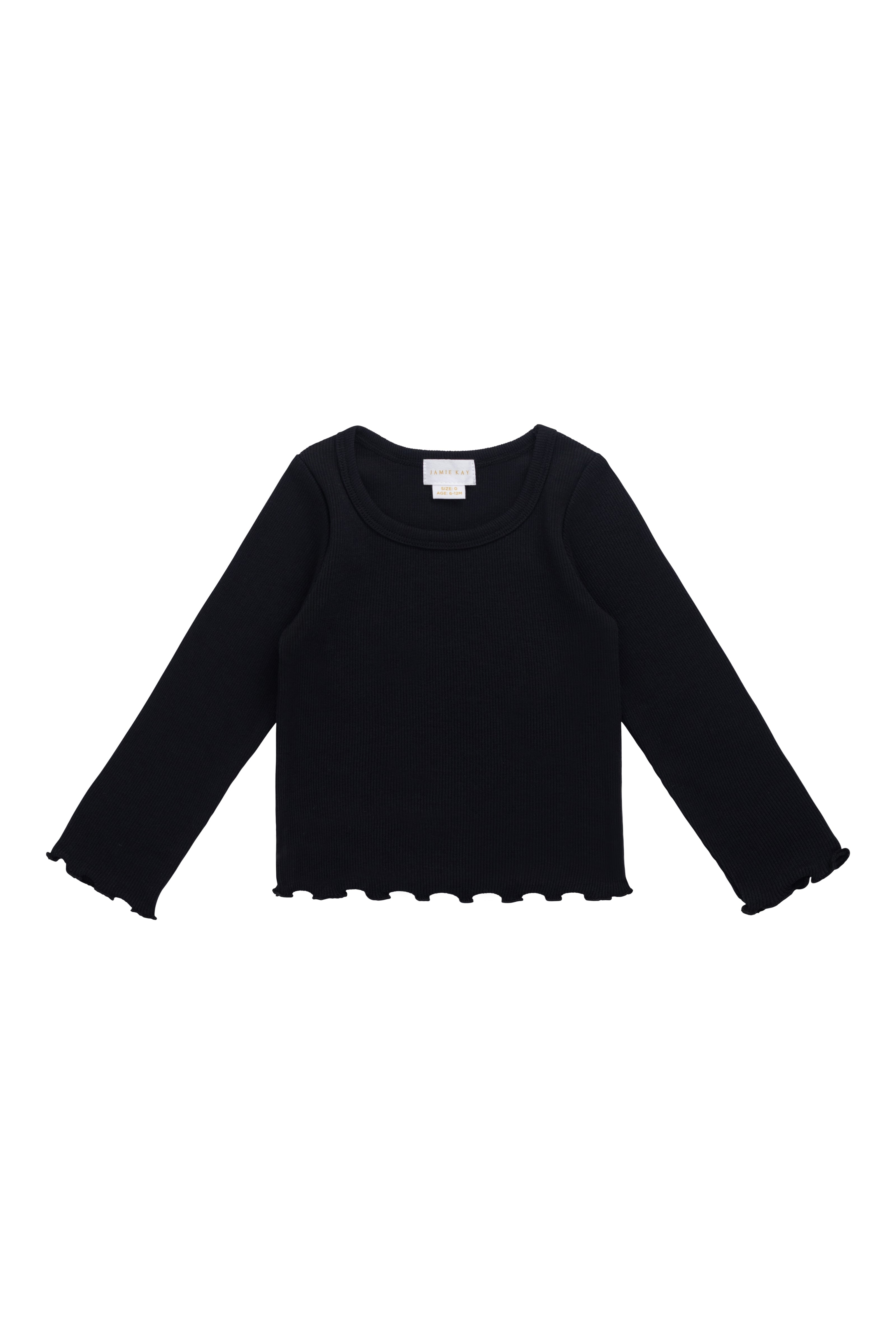 Haut classique en coton biologique ébène et élasthanne avec texture finement côtelée et bords festonnés