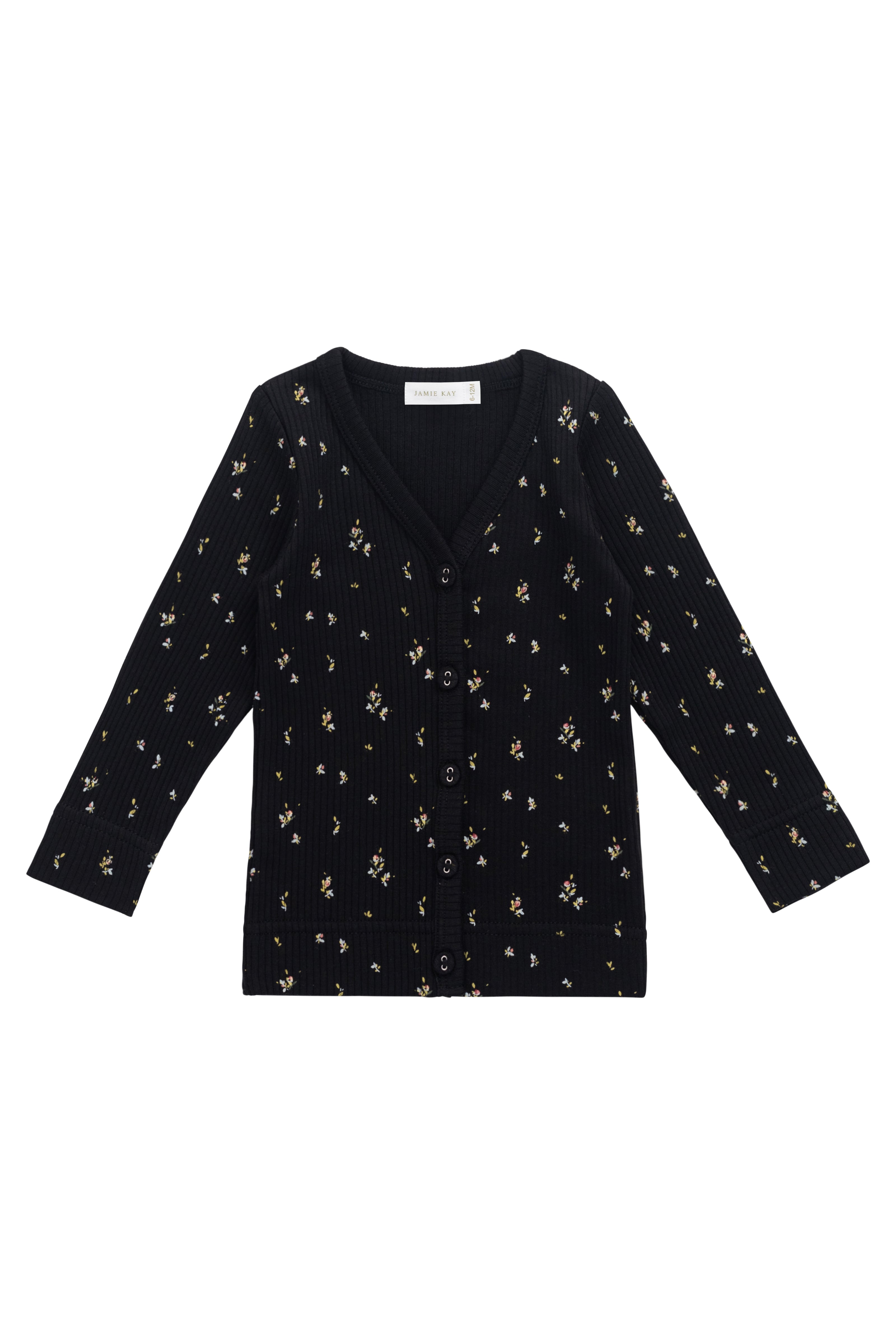 Gilet Classique en Coton et Modal Ébène avec Col V et Accents Floraux