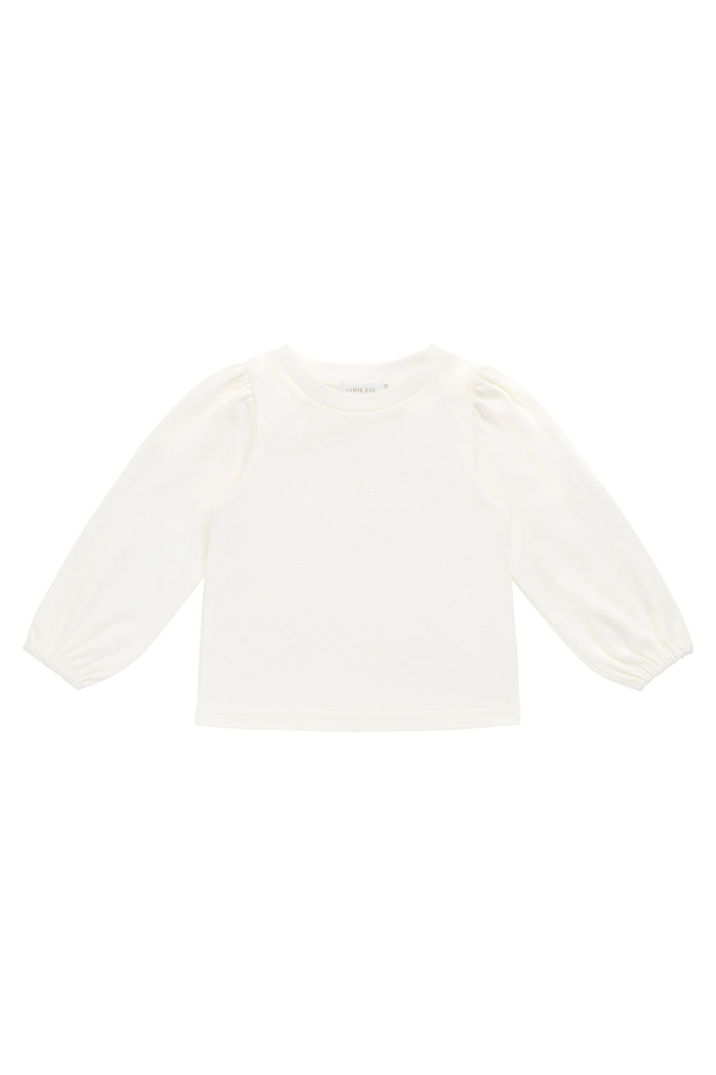 Top en coton biologique couleur parchemin classique à manches bouffantes et encolure ronde
