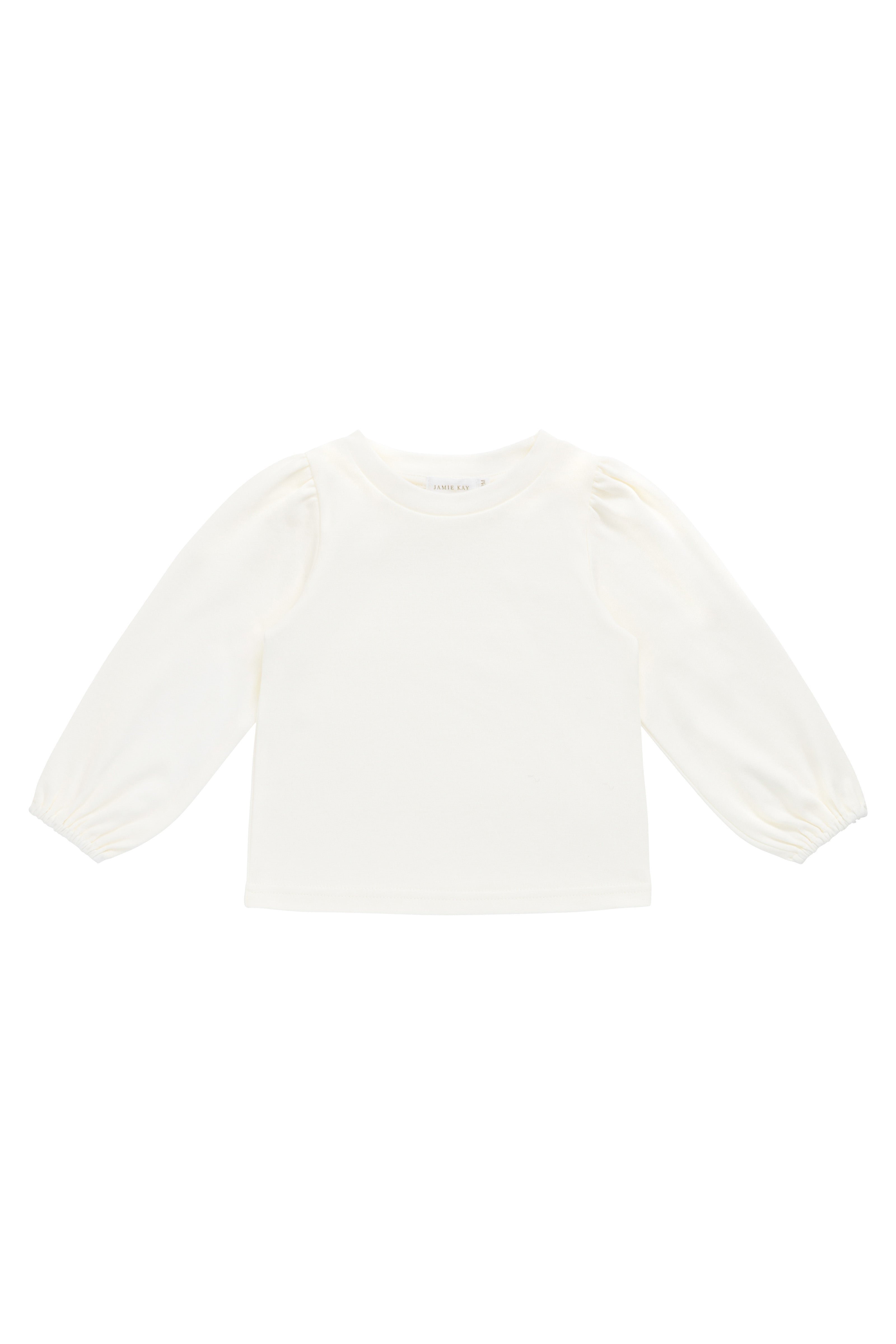 Top en coton biologique couleur parchemin classique à manches bouffantes et encolure ronde