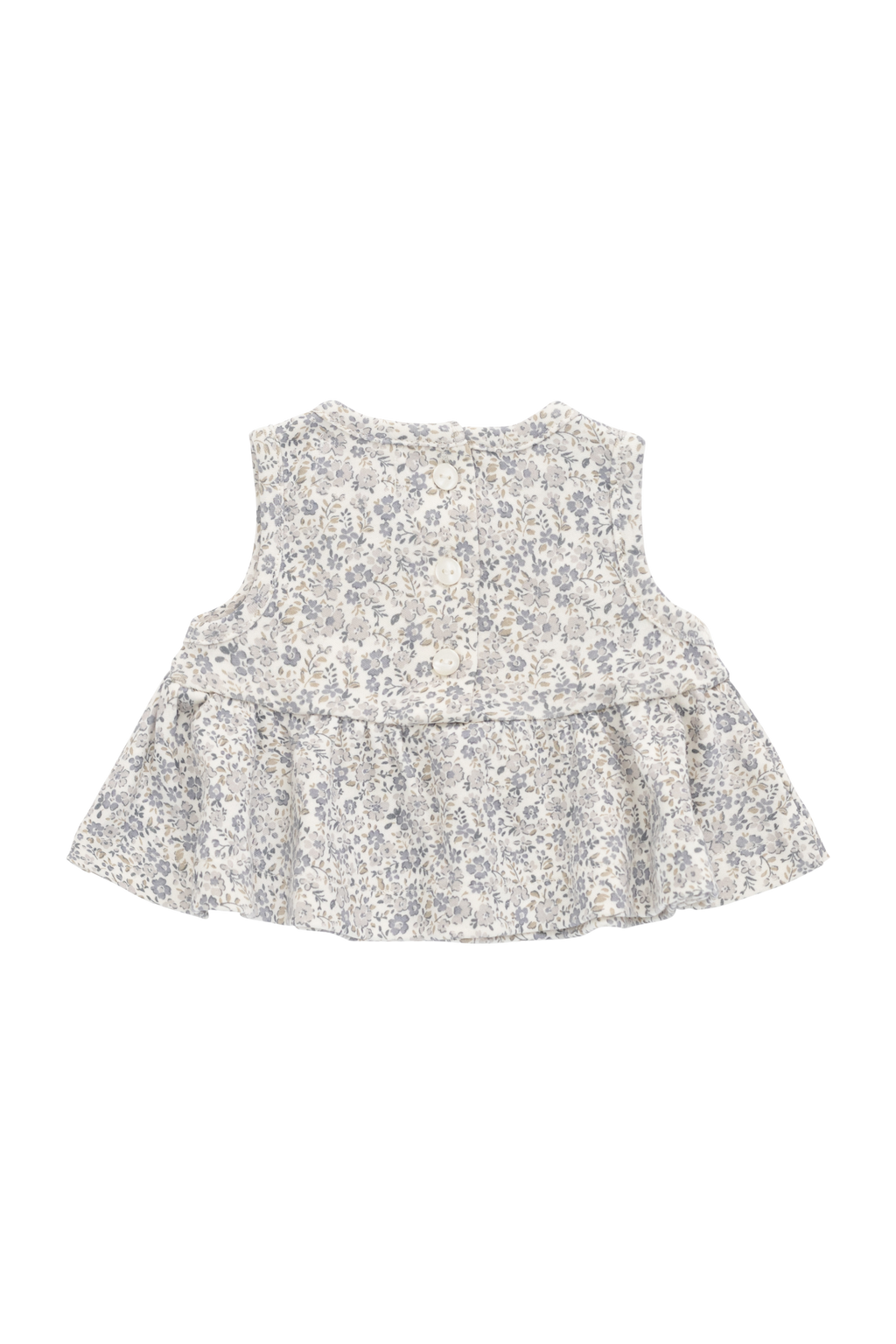 Haut romantique gris en coton biologique à fleurs avec silhouette péplum et design sans manches